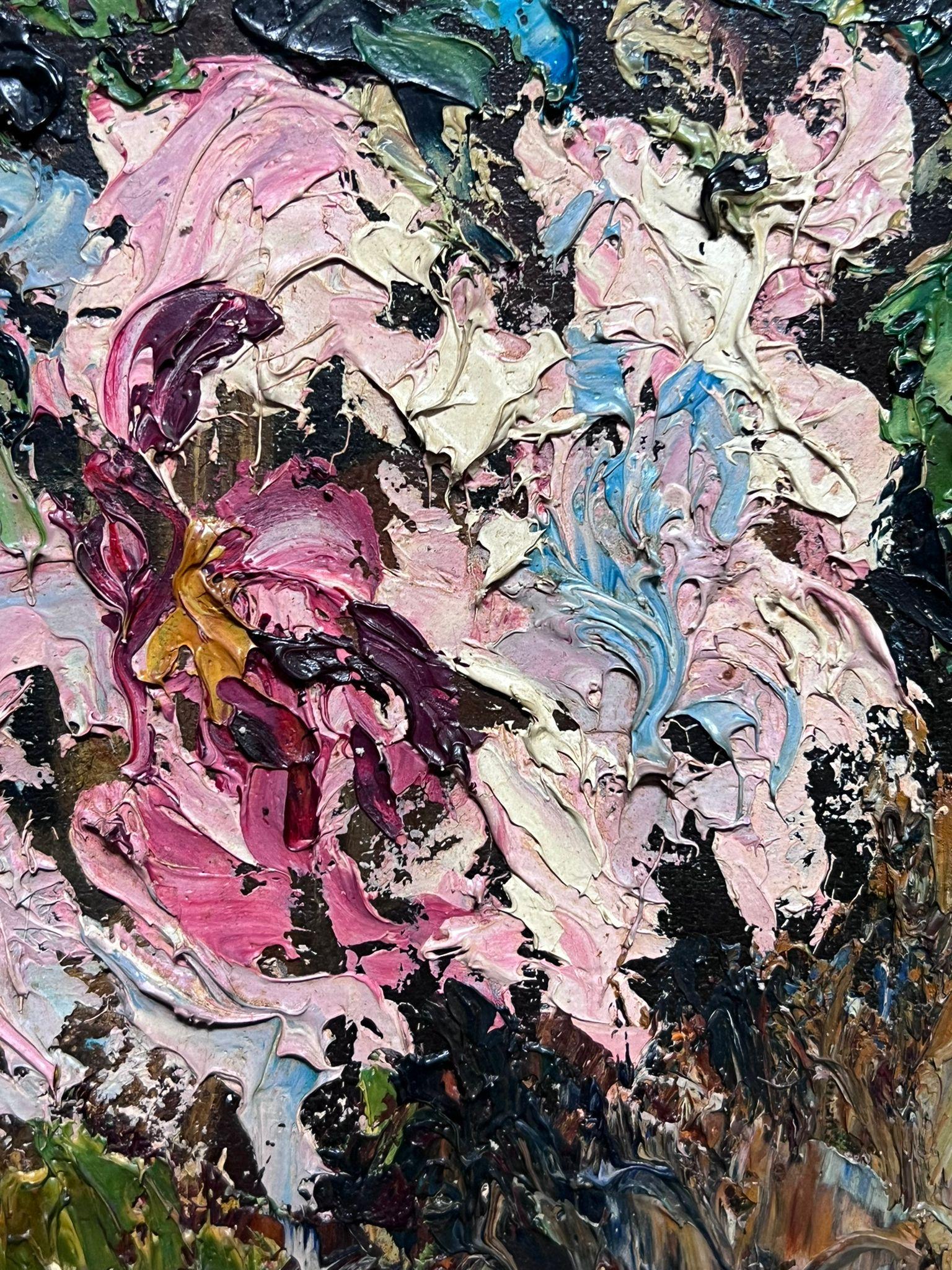Olio firmato da un post impressionista francese degli anni '40 Fiori rosa impastati molto spessi - Painting Impressionismo di French School