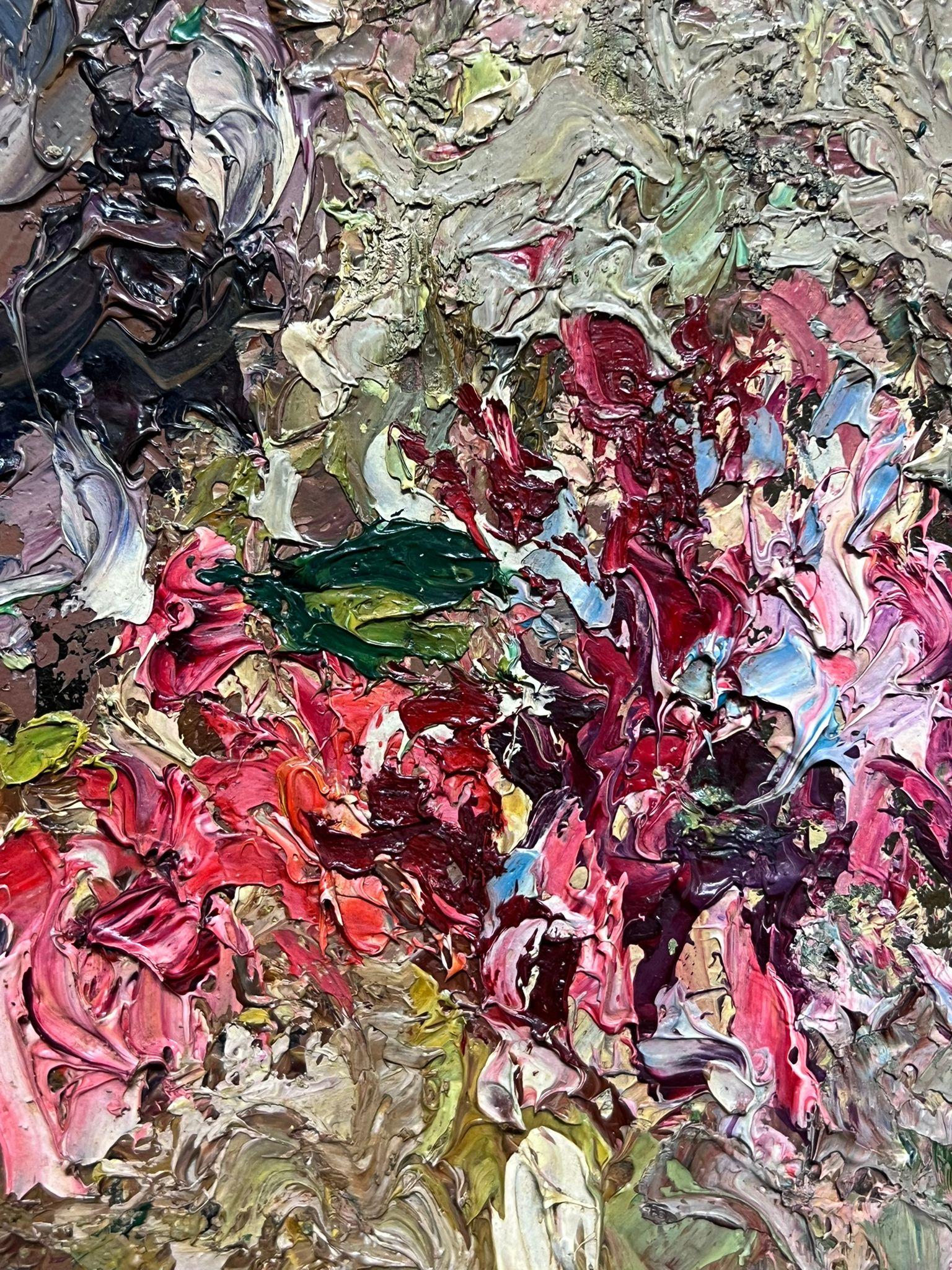 Olio firmato da un post impressionista francese degli anni '40 Fiori rosa impastati molto spessi - Still-Life Painting Grigio di French School