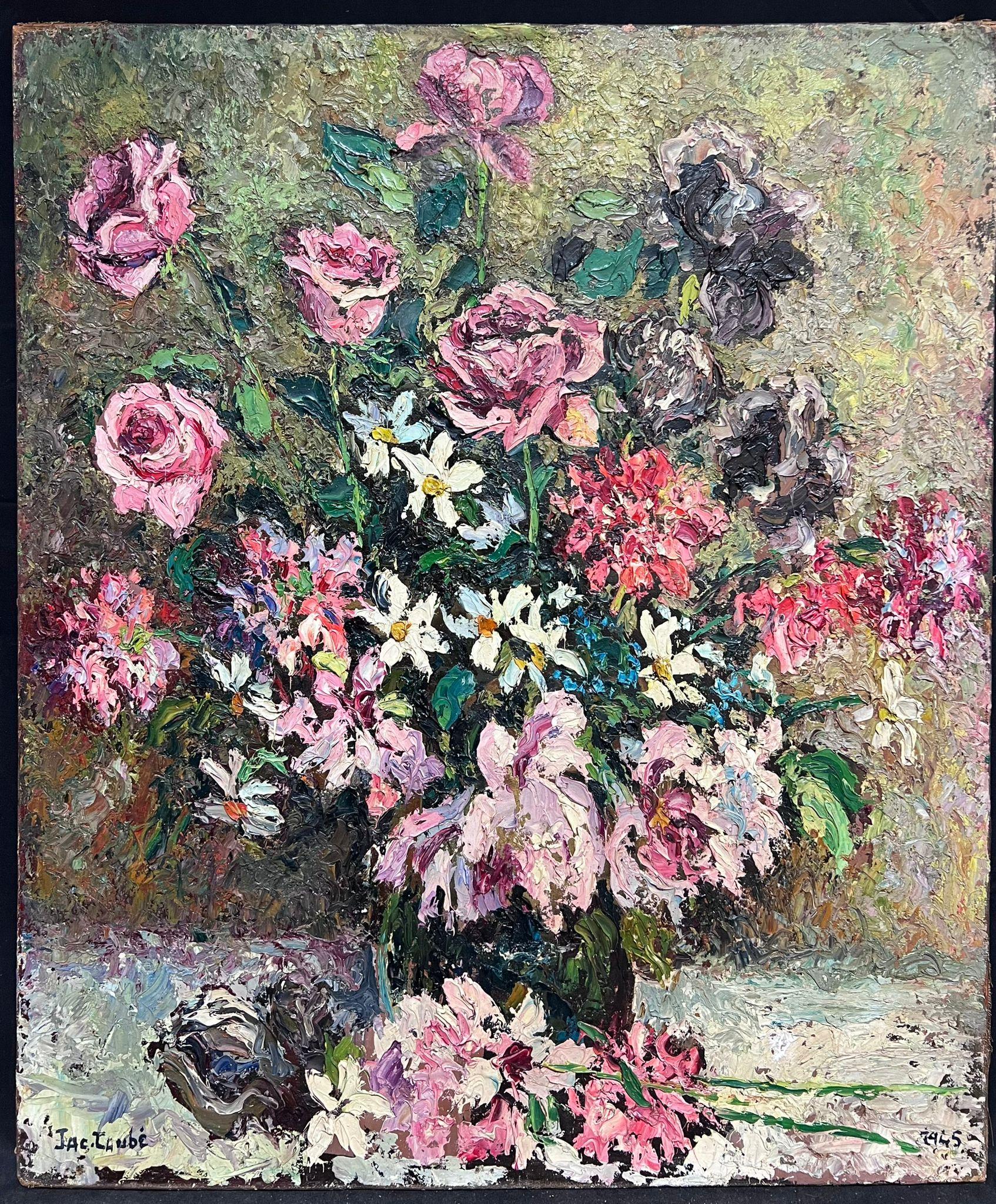 Olio firmato da un post impressionista francese degli anni '40 Fiori rosa impastati molto spessi in vendita 1