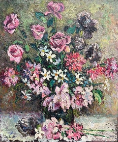 Huile post-impressionniste française des années 1940 signée, très épaisse, imprimée de fleurs roses