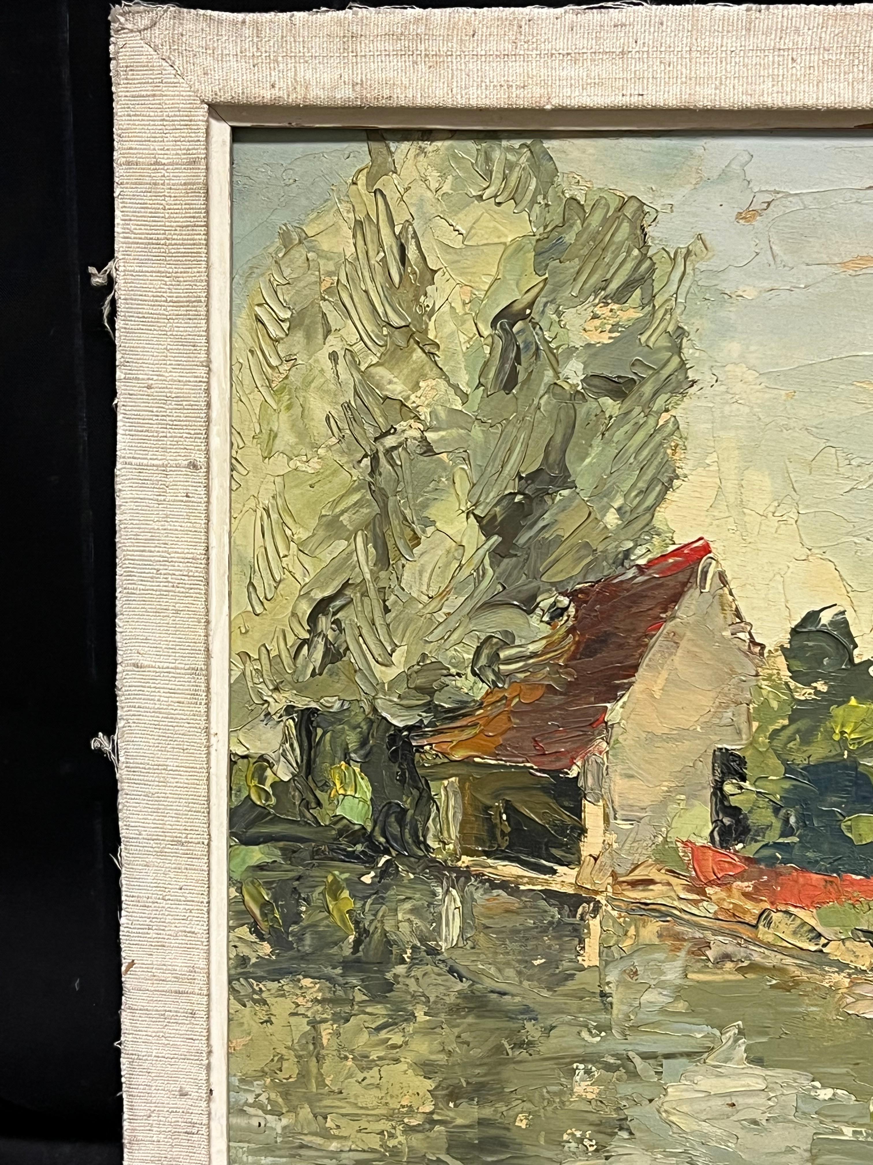 1940er Jahre Französisch signiert Öl Expressionist Landschaft Riverside Scene im Angebot 6