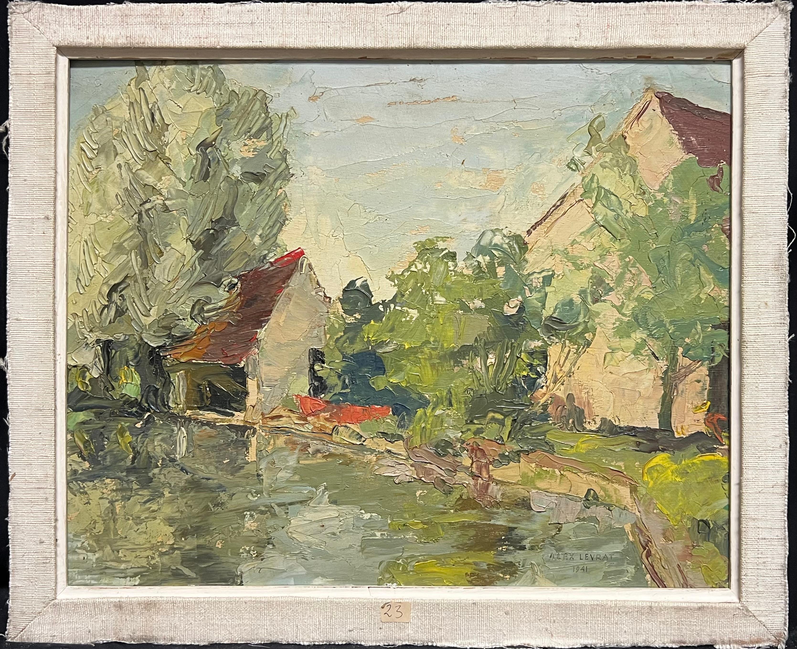 1940er Jahre Französisch signiert Öl Expressionist Landschaft Riverside Scene – Painting von French School