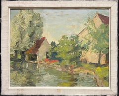 1940's French Signed Oil Expressionist Landscape Riverside Scene