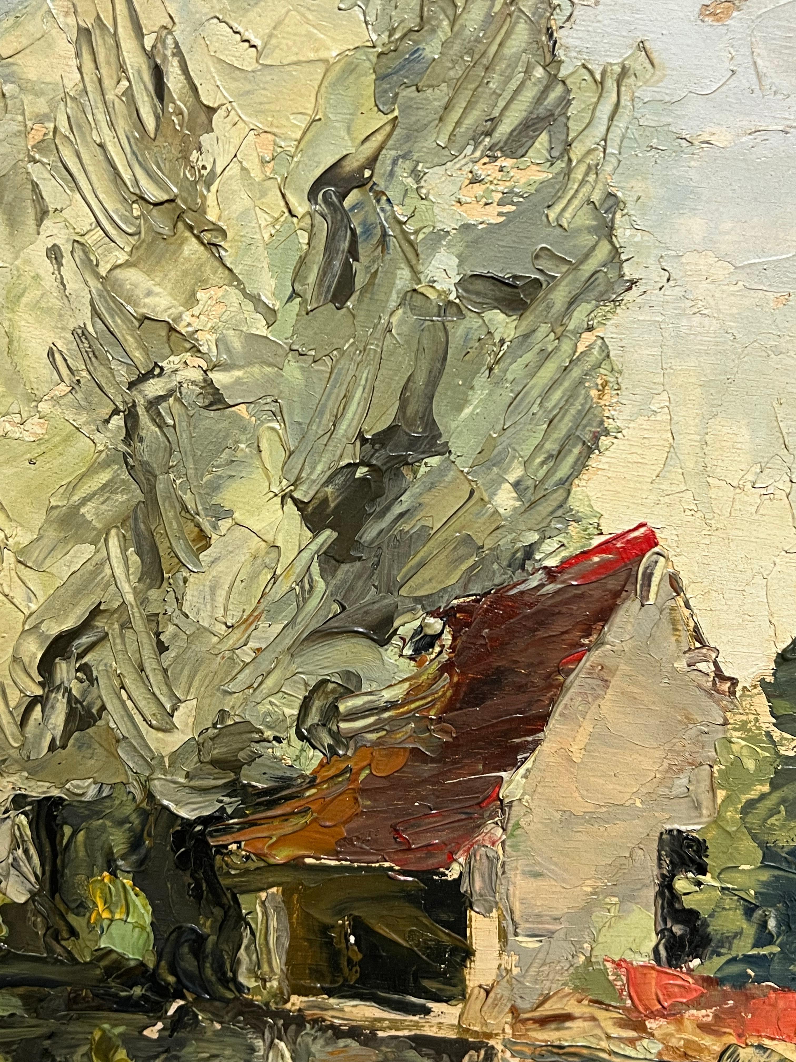 1940er Jahre Französisch signiert Öl Expressionist Landschaft Riverside Scene (Expressionismus), Painting, von French School