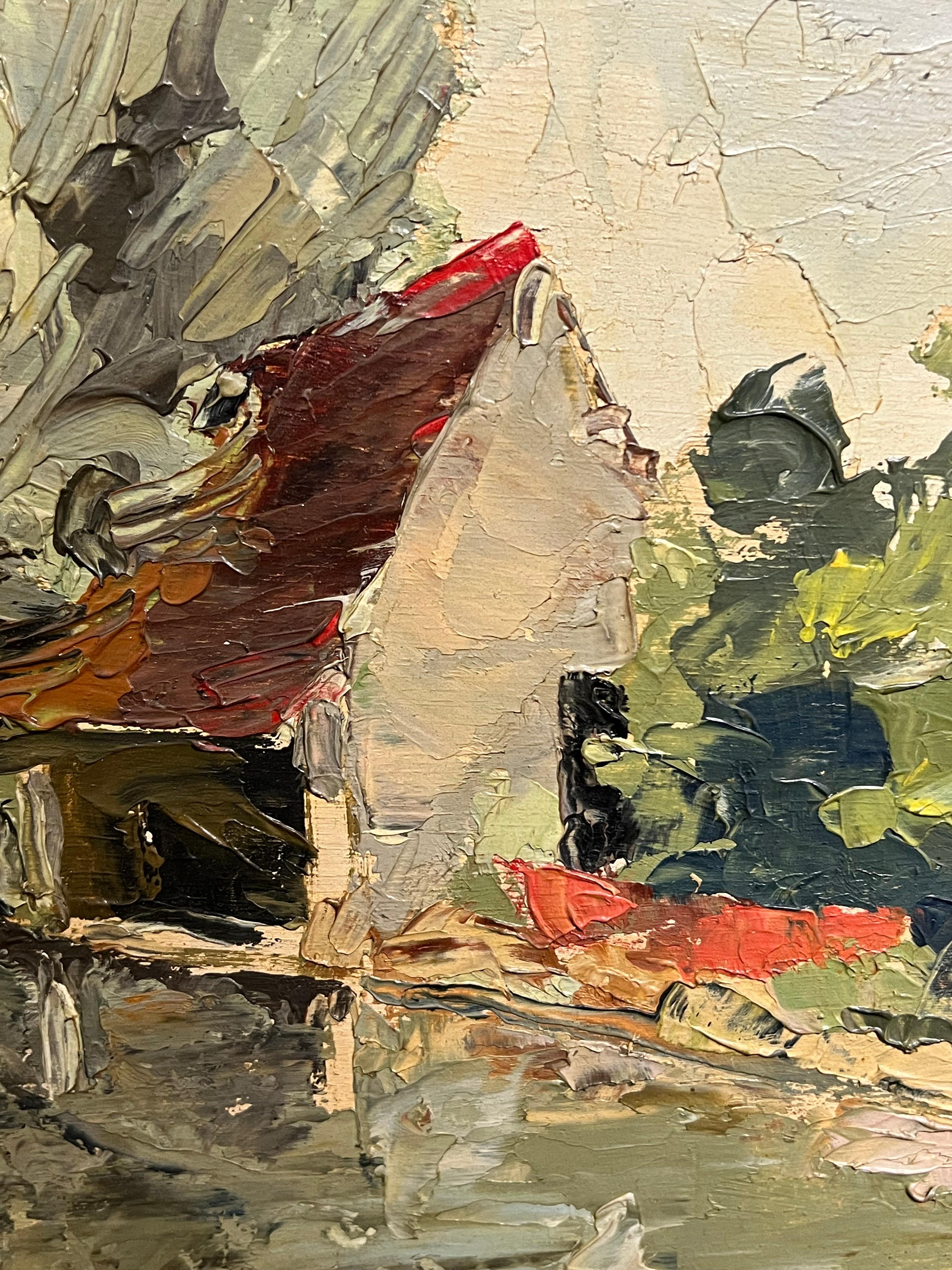 1940er Jahre Französisch signiert Öl Expressionist Landschaft Riverside Scene (Braun), Landscape Painting, von French School