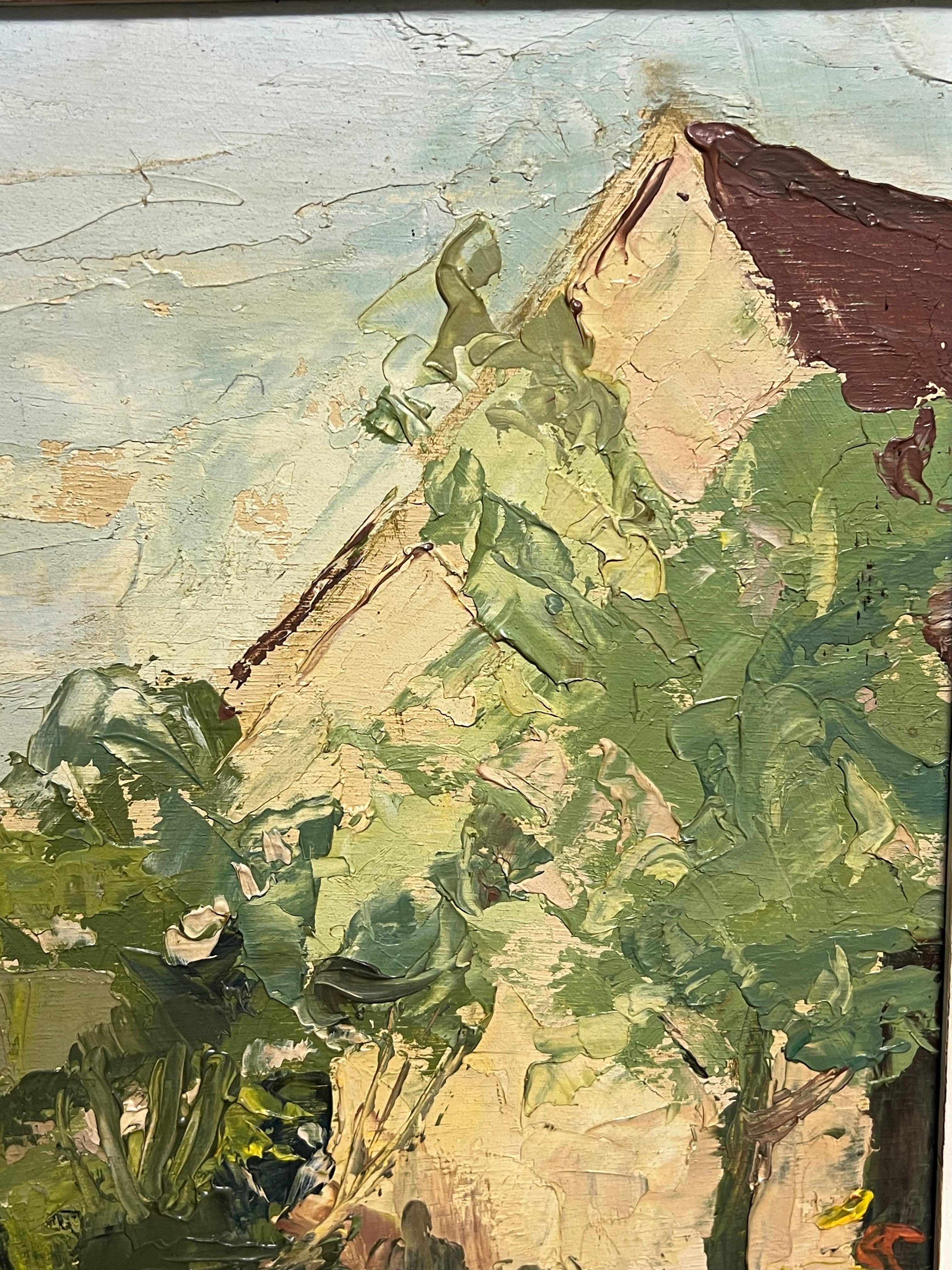 1940er Jahre Französisch signiert Öl Expressionist Landschaft Riverside Scene im Angebot 1