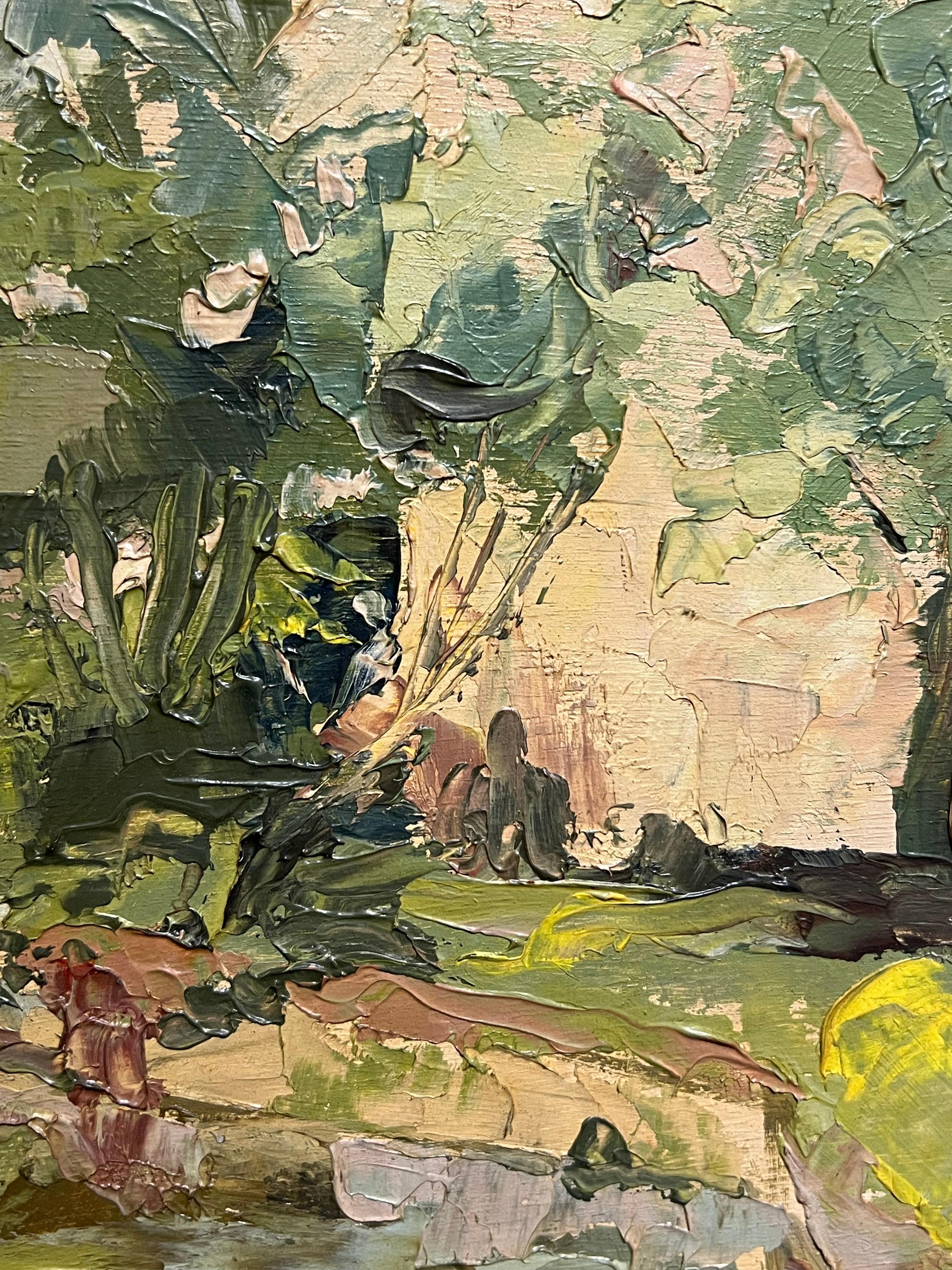 1940er Jahre Französisch signiert Öl Expressionist Landschaft Riverside Scene im Angebot 2