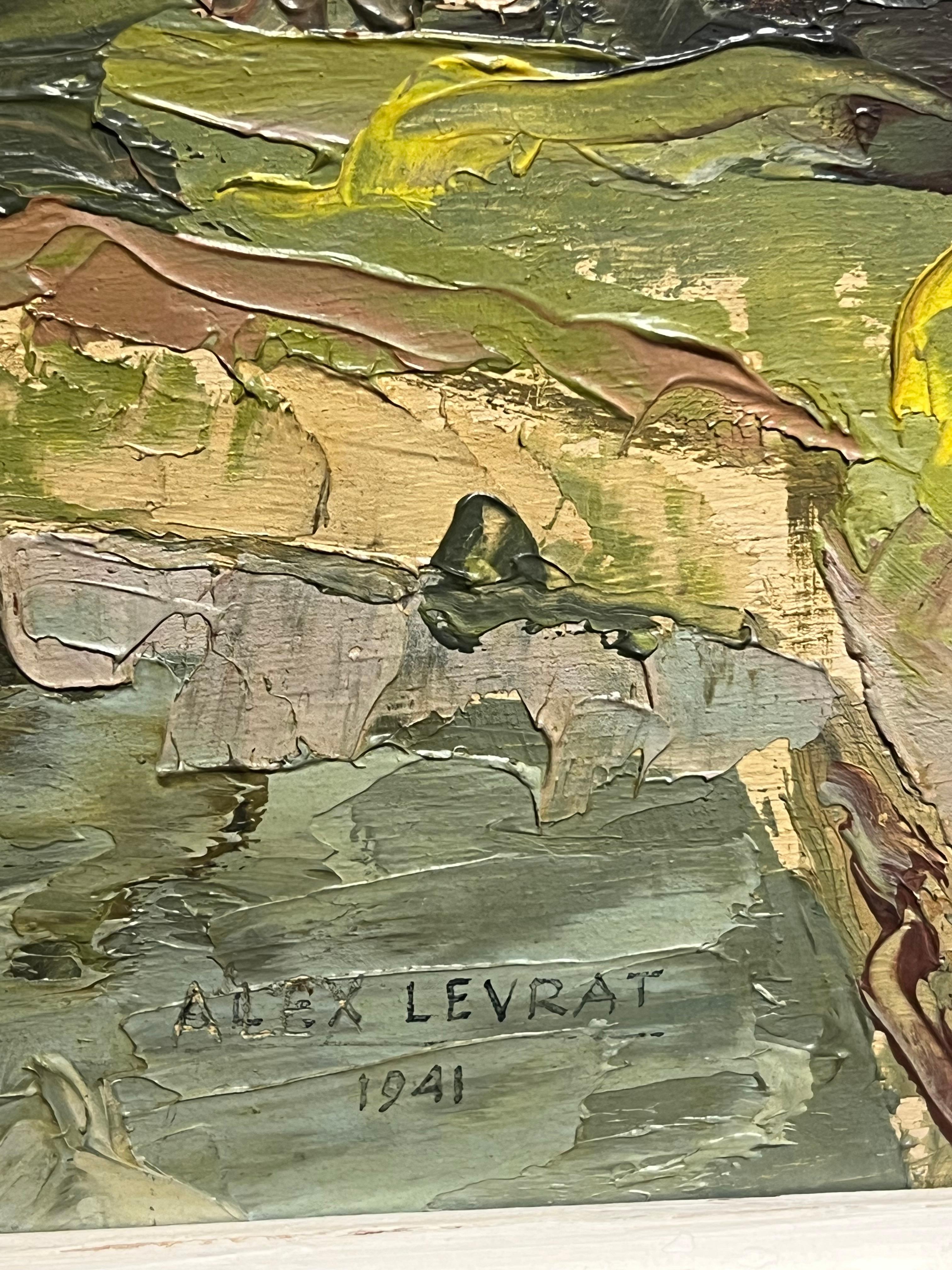 1940er Jahre Französisch signiert Öl Expressionist Landschaft Riverside Scene im Angebot 3