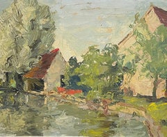 1940's French Signed Oil Expressionist Landscape Riverside Scene