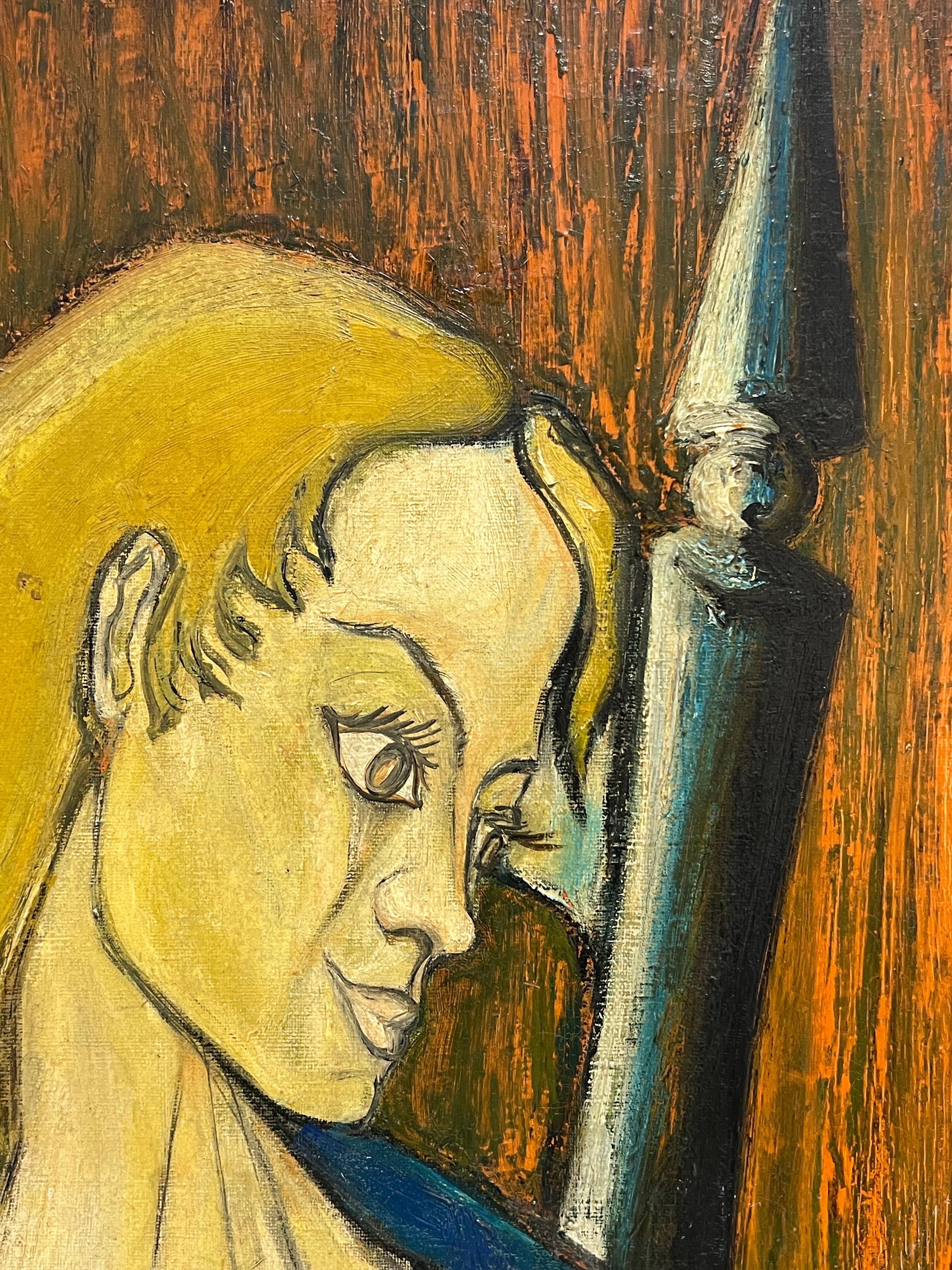 Peinture expressionniste française des années 1950 signée Dame assise dans une chaise Champs de moisson en vente 5