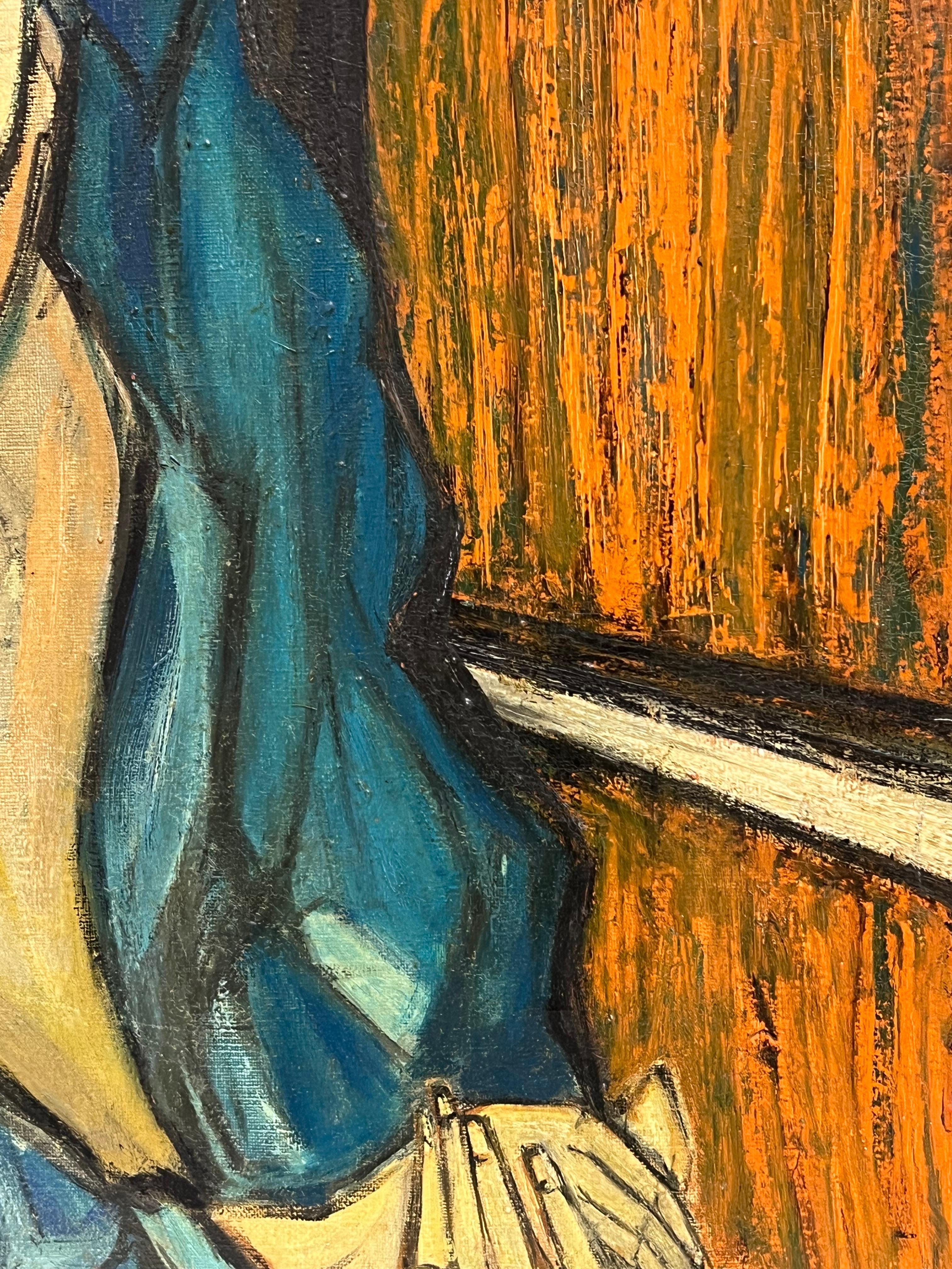 Peinture expressionniste française des années 1950 signée Dame assise dans une chaise Champs de moisson en vente 6