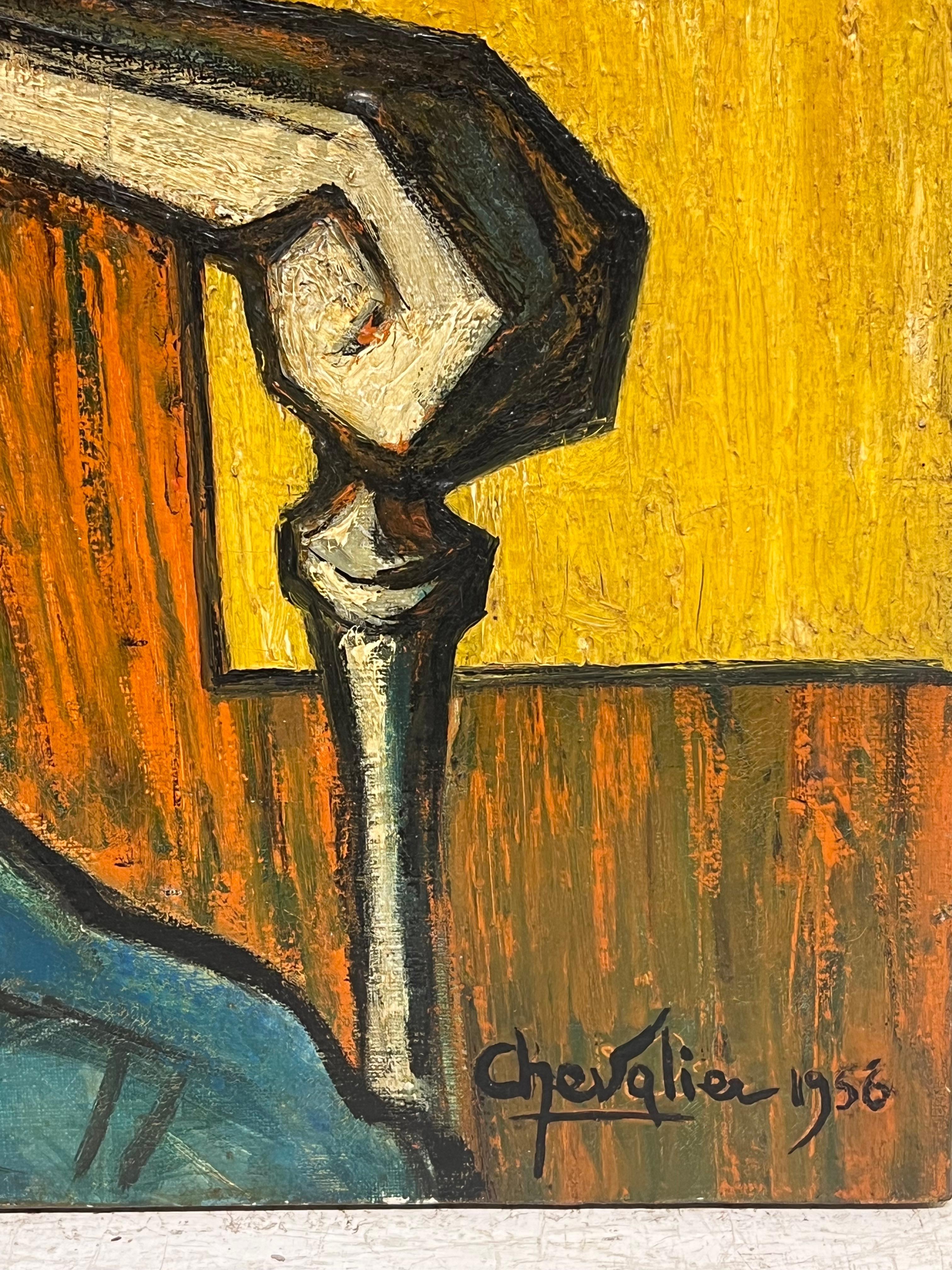 Peinture expressionniste française des années 1950 signée Dame assise dans une chaise Champs de moisson en vente 7