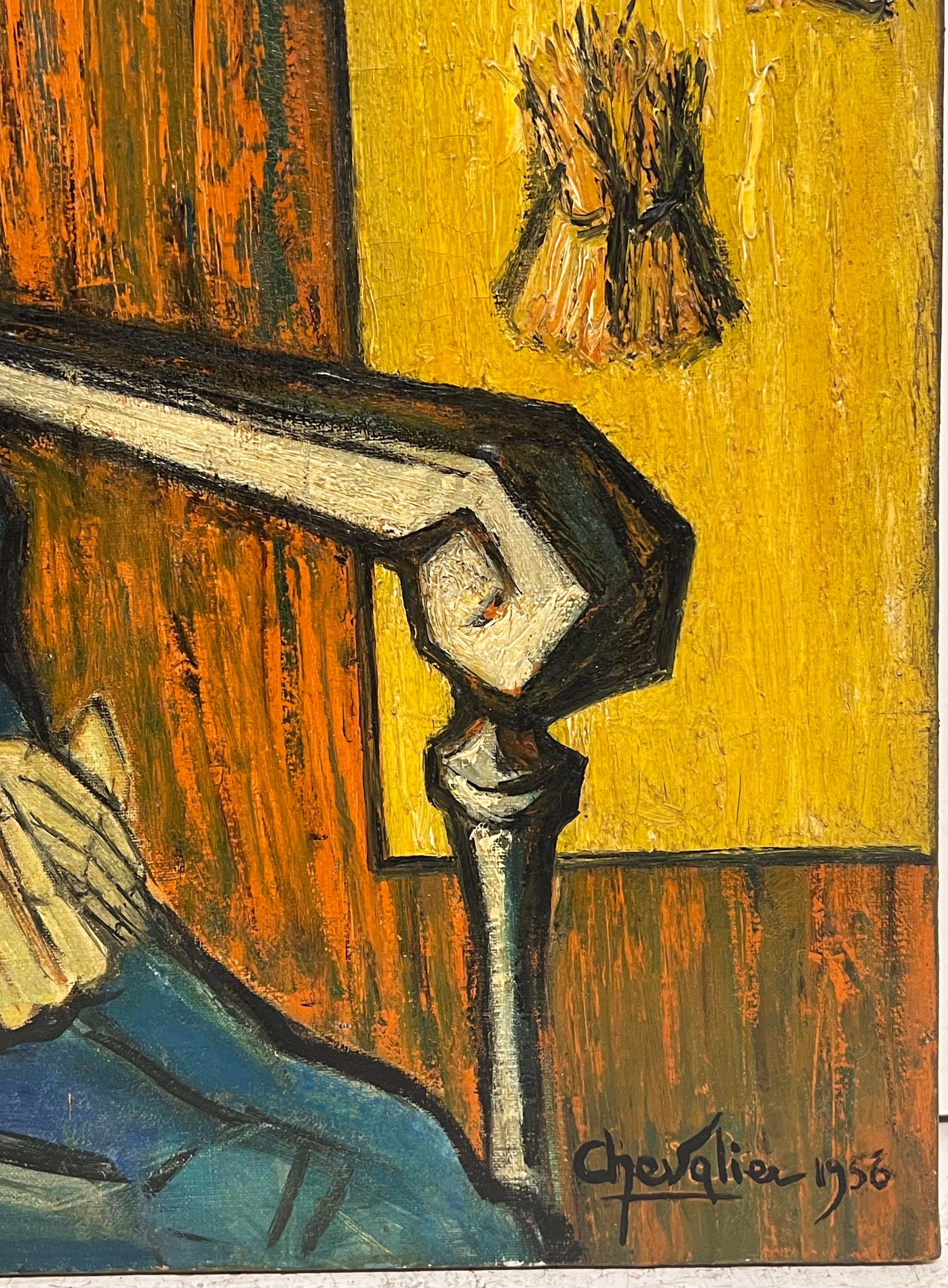 Peinture expressionniste française des années 1950 signée Dame assise dans une chaise Champs de moisson - Marron Portrait Painting par French School