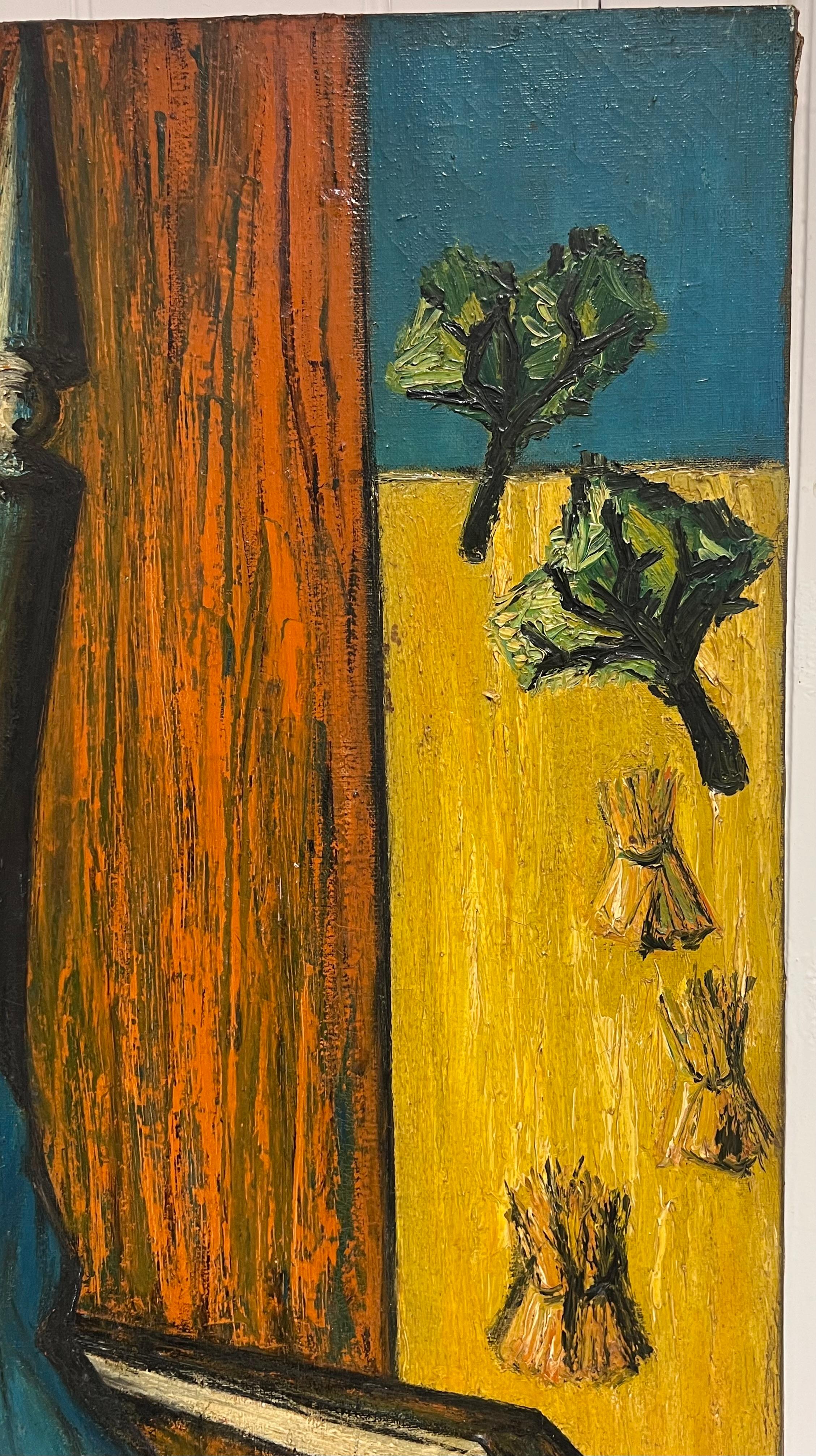 Peinture expressionniste française des années 1950 signée Dame assise dans une chaise Champs de moisson en vente 1