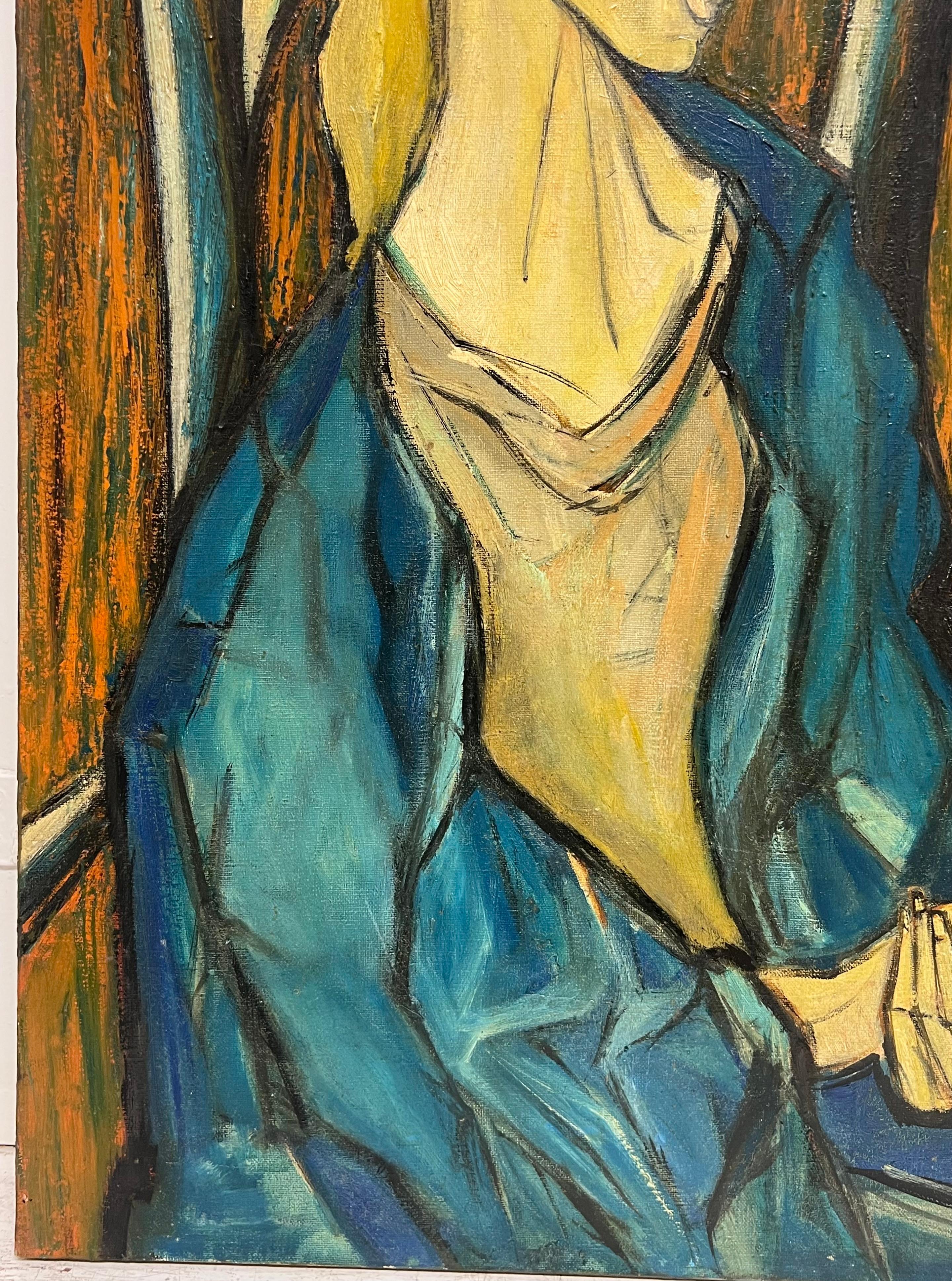 Peinture expressionniste française des années 1950 signée Dame assise dans une chaise Champs de moisson en vente 2