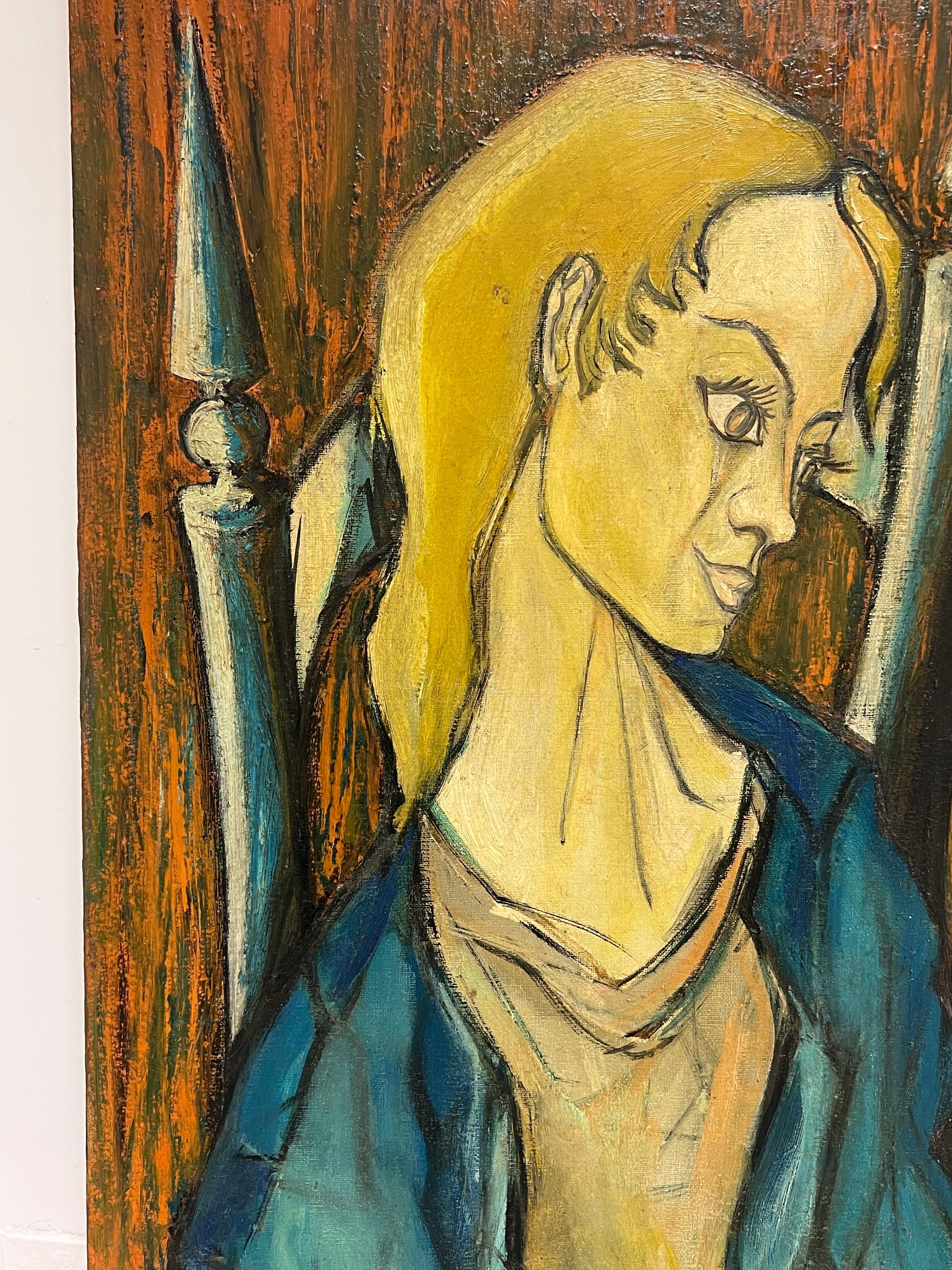 Peinture expressionniste française des années 1950 signée Dame assise dans une chaise Champs de moisson en vente 3