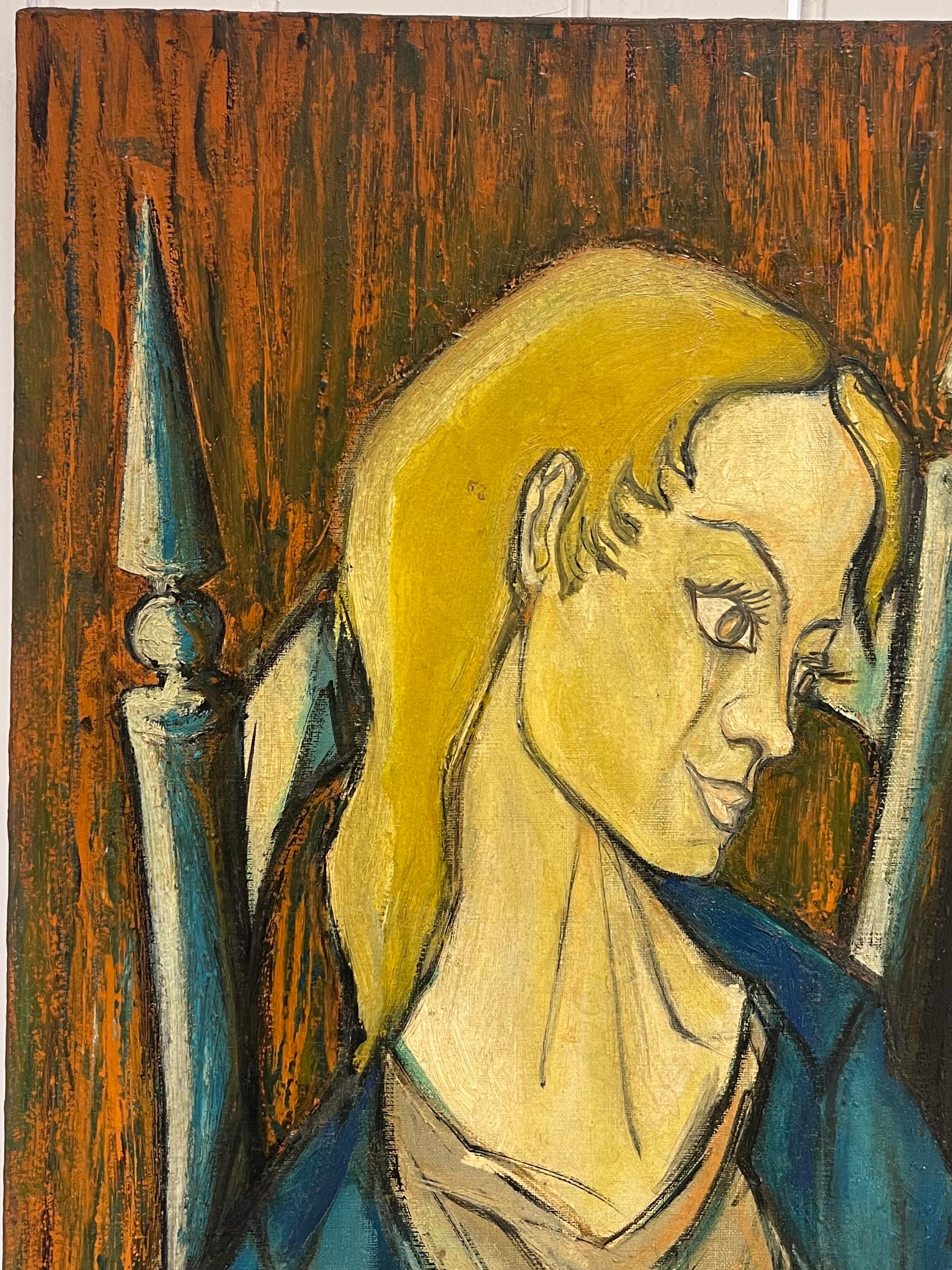 Peinture expressionniste française des années 1950 signée Dame assise dans une chaise Champs de moisson en vente 4