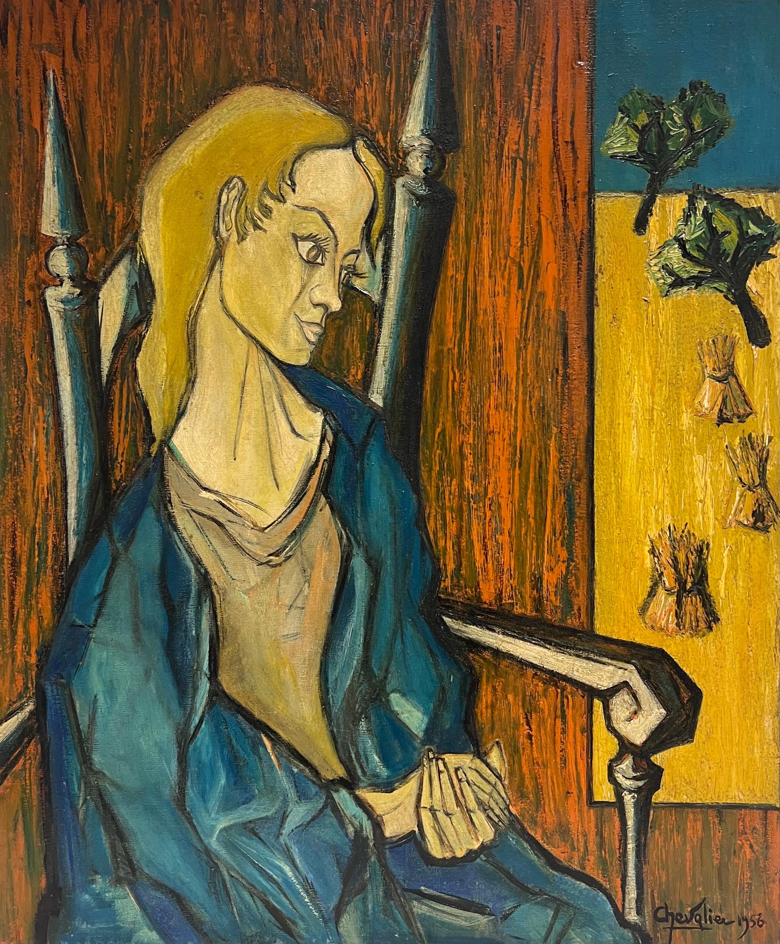 Portrait Painting French School - Peinture expressionniste française des années 1950 signée Dame assise dans une chaise Champs de moisson