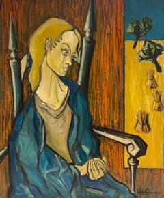 Pittura espressionista francese degli anni '50 firmata Signora seduta su sedia Campi di grano