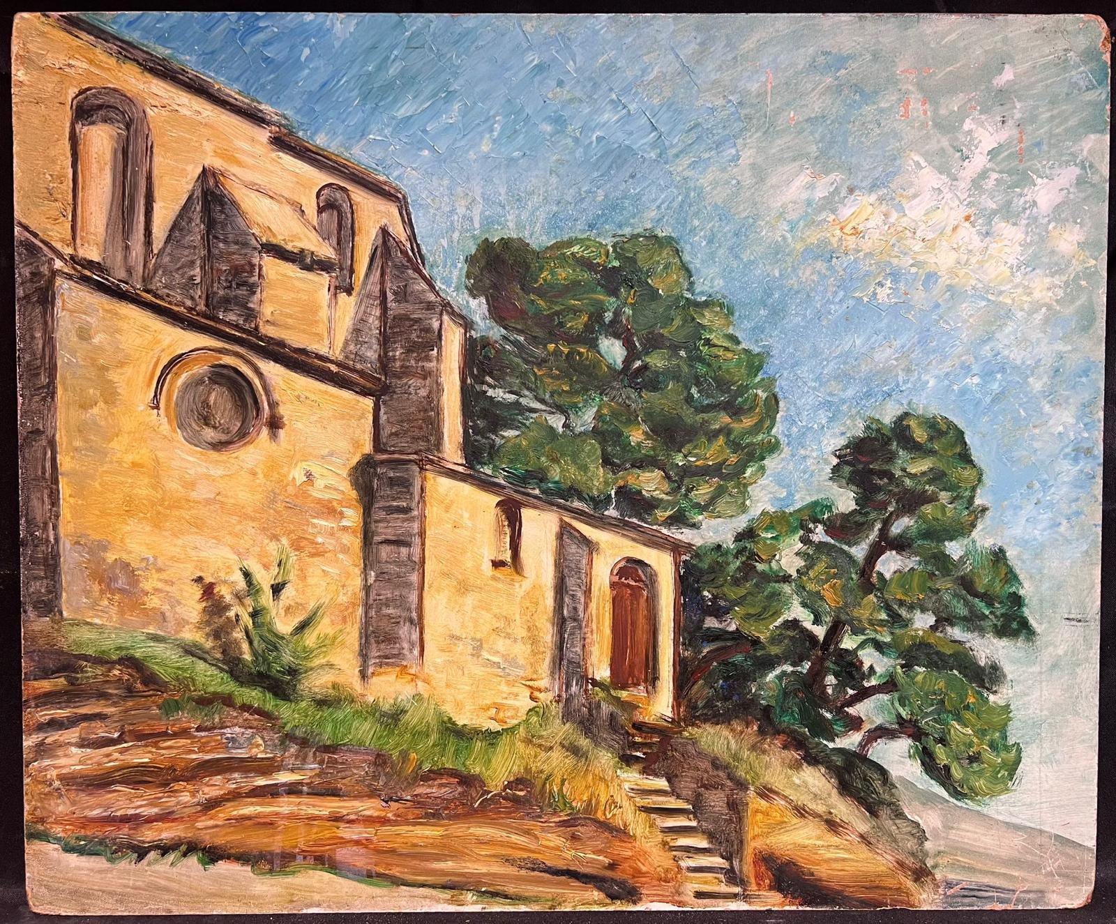 1950s French Impressionist Oil Painting Old Provencal Chateau Building Landscape - Brown Landscape Painting by French School