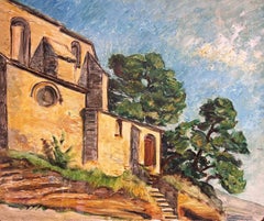 Peinture à l'huile impressionniste française des années 1950 Vieux château provençal Bâtiment Paysage