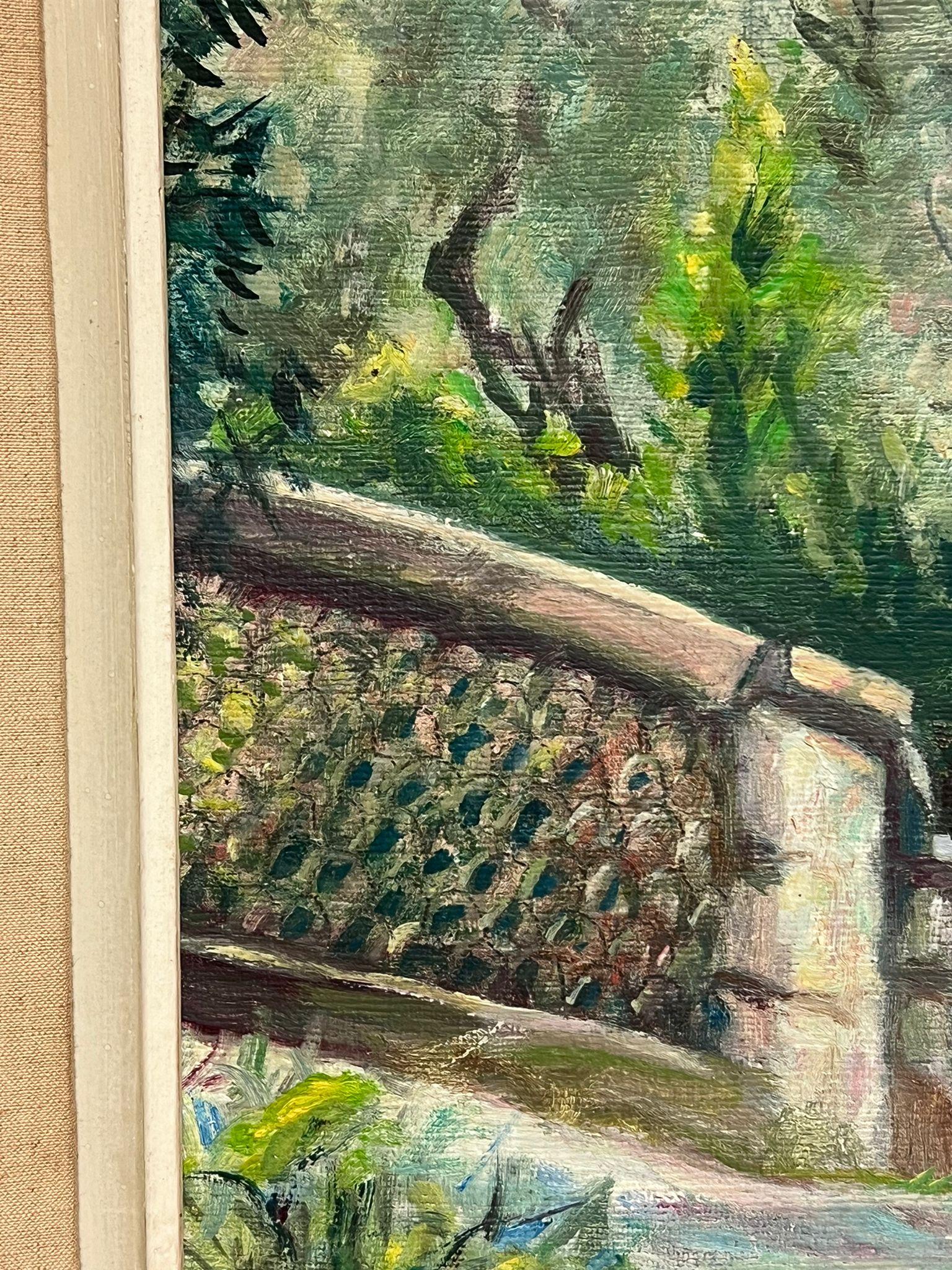 1950's French Impressionist Signed Oil view Renoirs Garden Cagnes sur Mer France - Gray Landscape Painting by French School