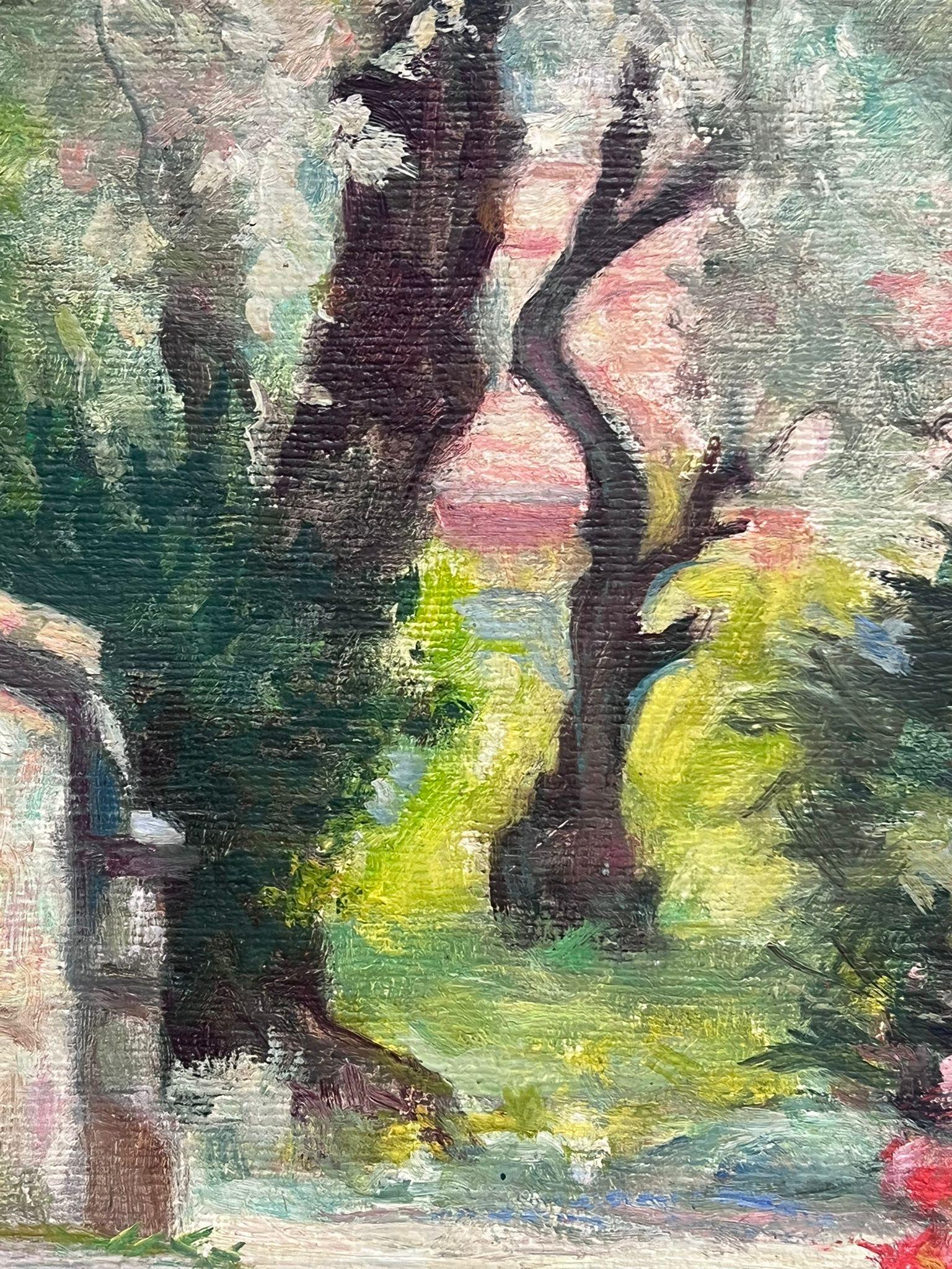 Renoir's Garden at Cagnes-sur-Mer (South of France, Cote d' Azur)
French Impressionist painter, signed indistinctly verso
dated 1955
oil on board, framed
framed: 18.5 x 21.5  inches
board : 13 x 16 inches
inscribed verso
provenance: private