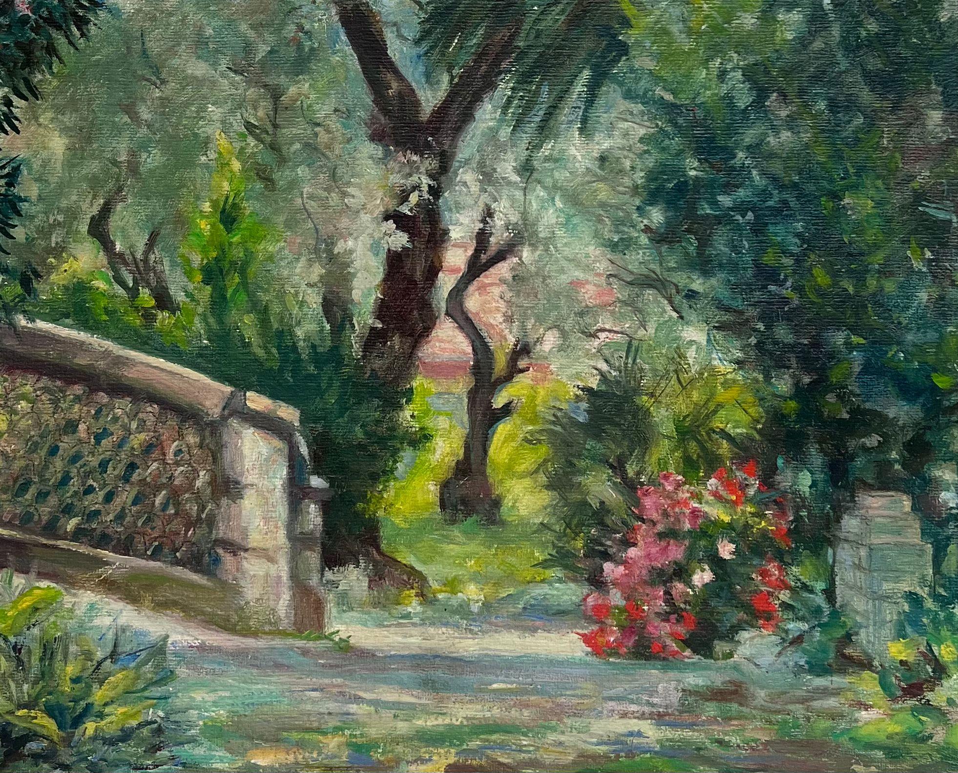 French School Landscape Painting - 1950's French Impressionist Signed Oil view Renoirs Garden Cagnes sur Mer France