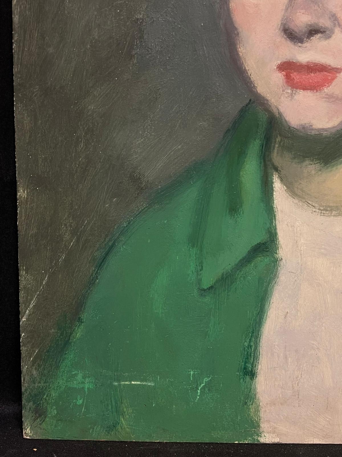 Pittura a olio francese del 1950, metà secolo, Ritratto di giovane donna con giacca verde - Painting Moderno di French School