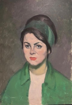 Pittura a olio francese del 1950, metà secolo, Ritratto di giovane donna con giacca verde