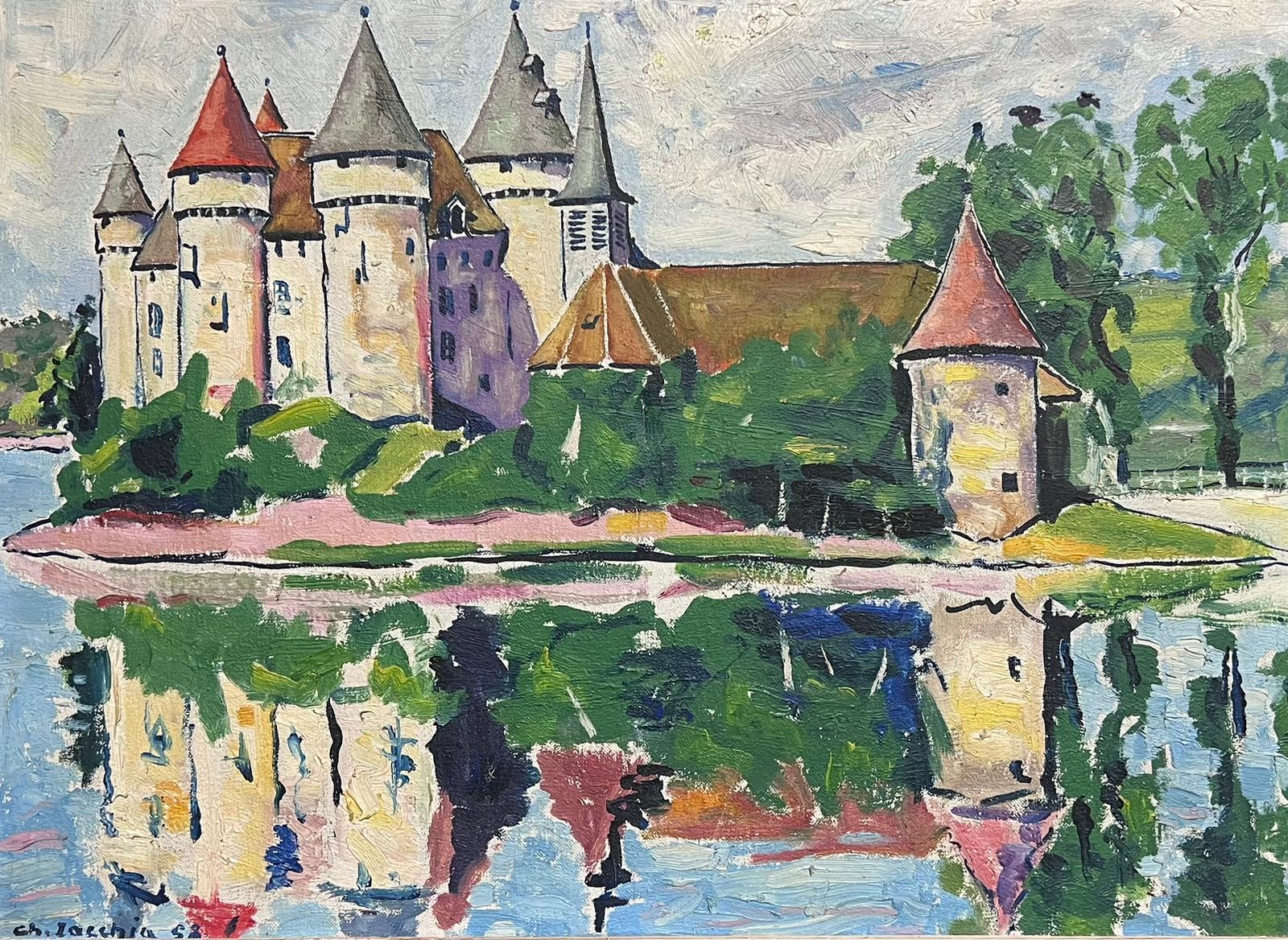Huile impressionniste française du milieu du siècle signée 1950 Château, château et douves - Painting de French School
