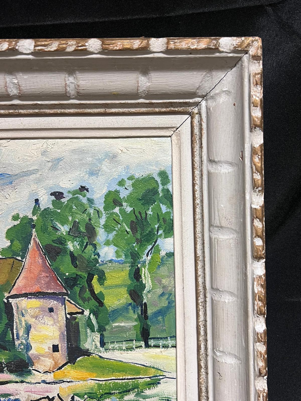 1950's French Mid Century Signed Impressionist Oil Chateau Castle & Moat - Gray Landscape Painting by French School