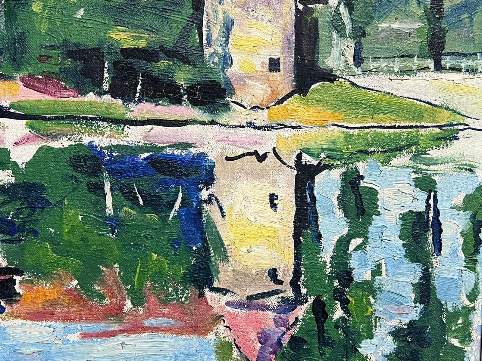 Huile impressionniste française du milieu du siècle signée 1950 Château, château et douves en vente 2