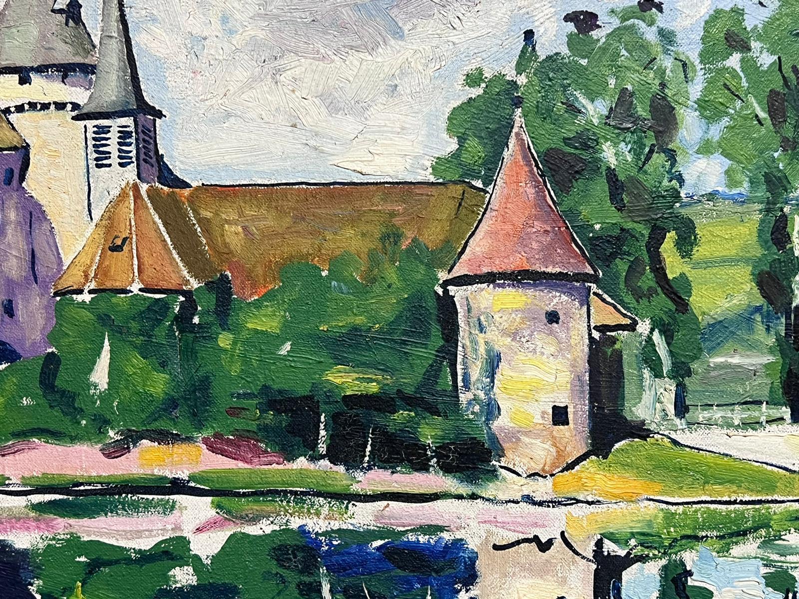 Huile impressionniste française du milieu du siècle signée 1950 Château, château et douves en vente 3