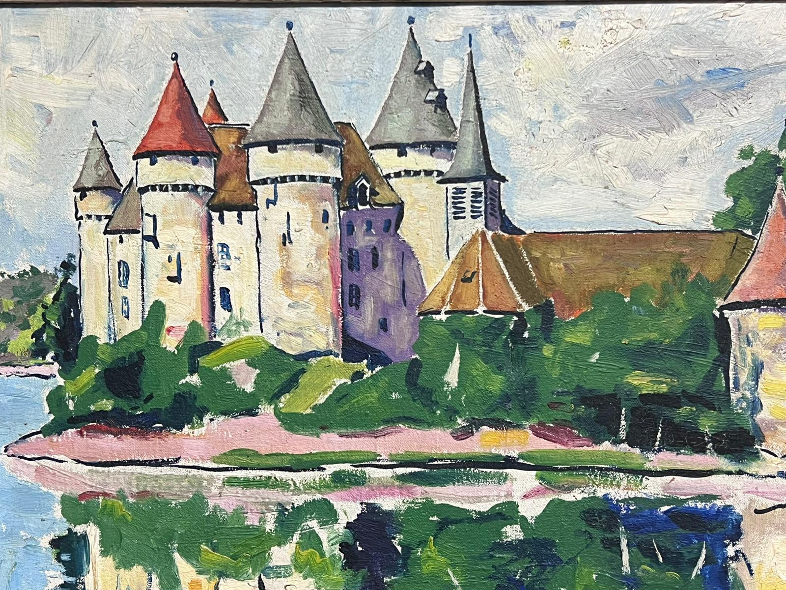 Huile impressionniste française du milieu du siècle signée 1950 Château, château et douves en vente 4