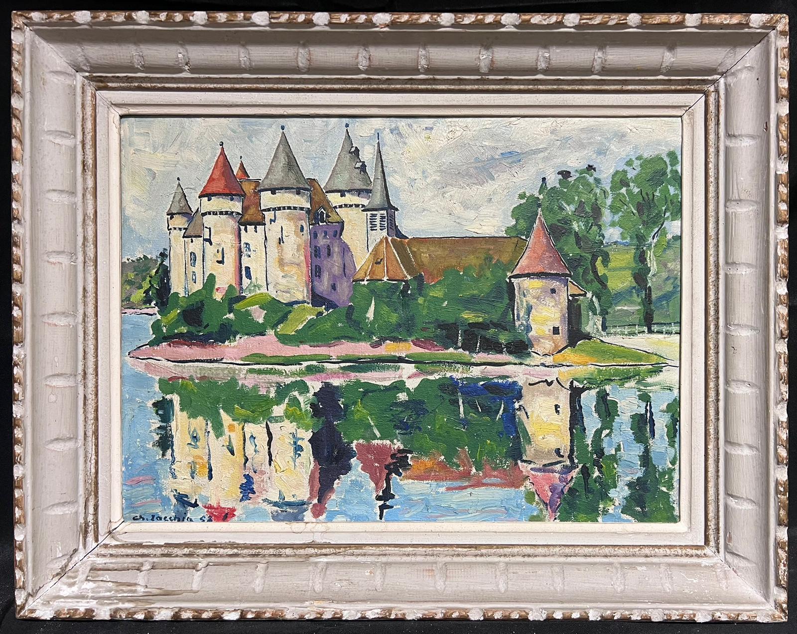 Landscape Painting French School - Huile impressionniste française du milieu du siècle signée 1950 Château, château et douves