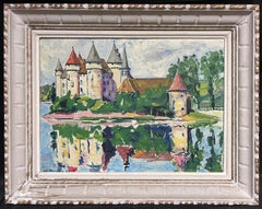 Huile impressionniste française du milieu du siècle signée 1950 Château, château et douves