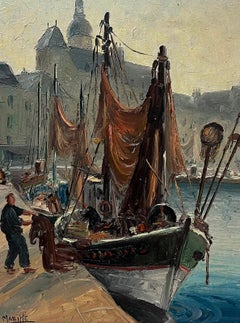 1950's French Mid Century Signed Oil Fishermen South of France Habour with Boats