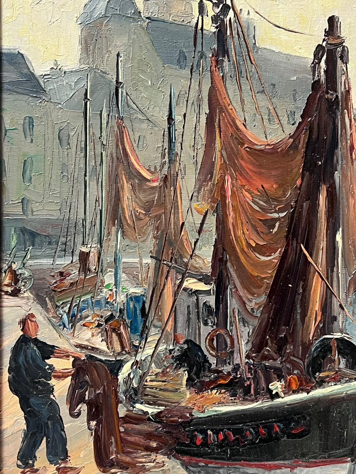 1950's French Mid Century Signed Oil Fishermen South of France Habour with Boats - Post-Impressionist Painting by French School