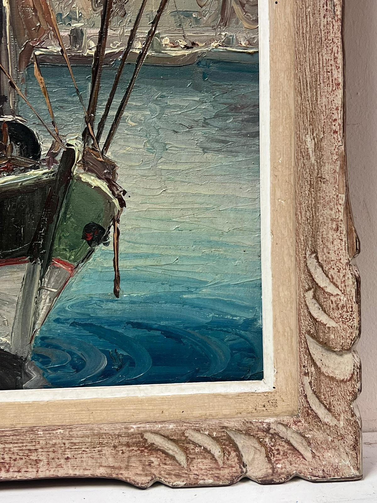 1950's French Mid Century Signed Oil Fishermen South of France Habour with Boats For Sale 1