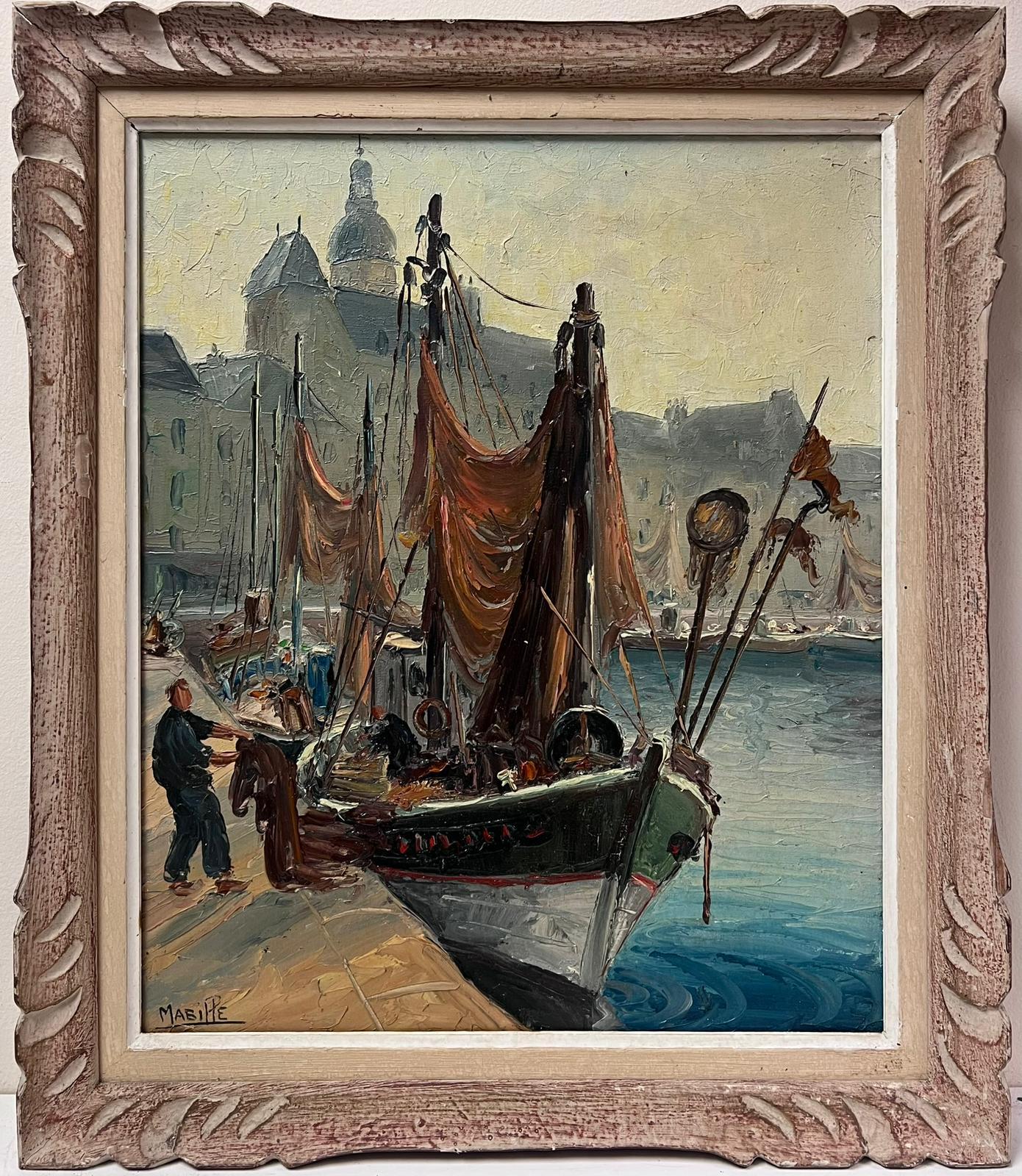 French School Figurative Painting - 1950's French Mid Century Signed Oil Fishermen South of France Habour with Boats
