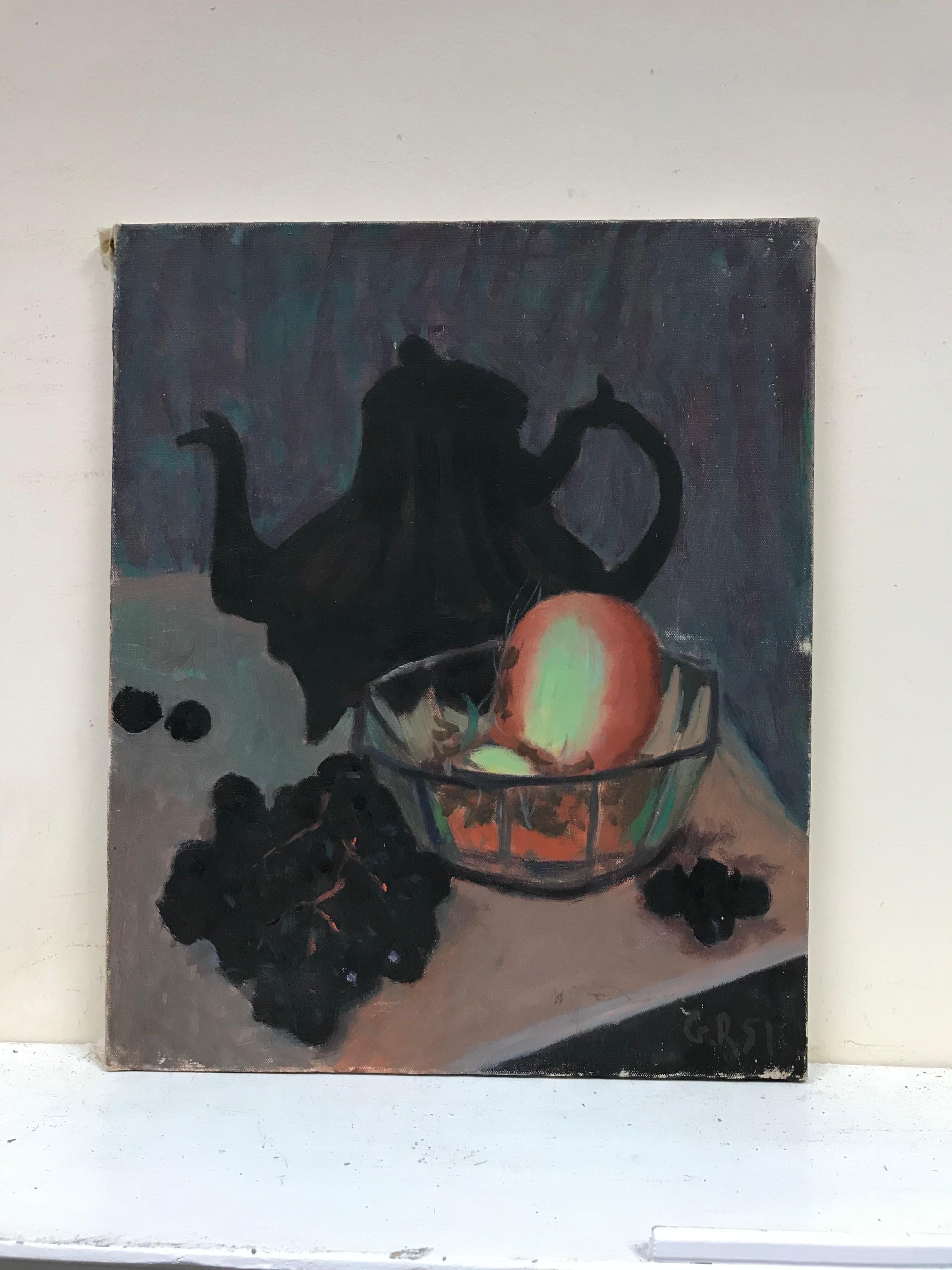 1950's French Modernist Signed Oil - Colorful Fruit against dark background  - Painting by French School