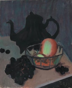 Französisches modernistisches Ölgemälde, signiert, 1950er Jahre, bunte Früchte vor dunklem Hintergrund 