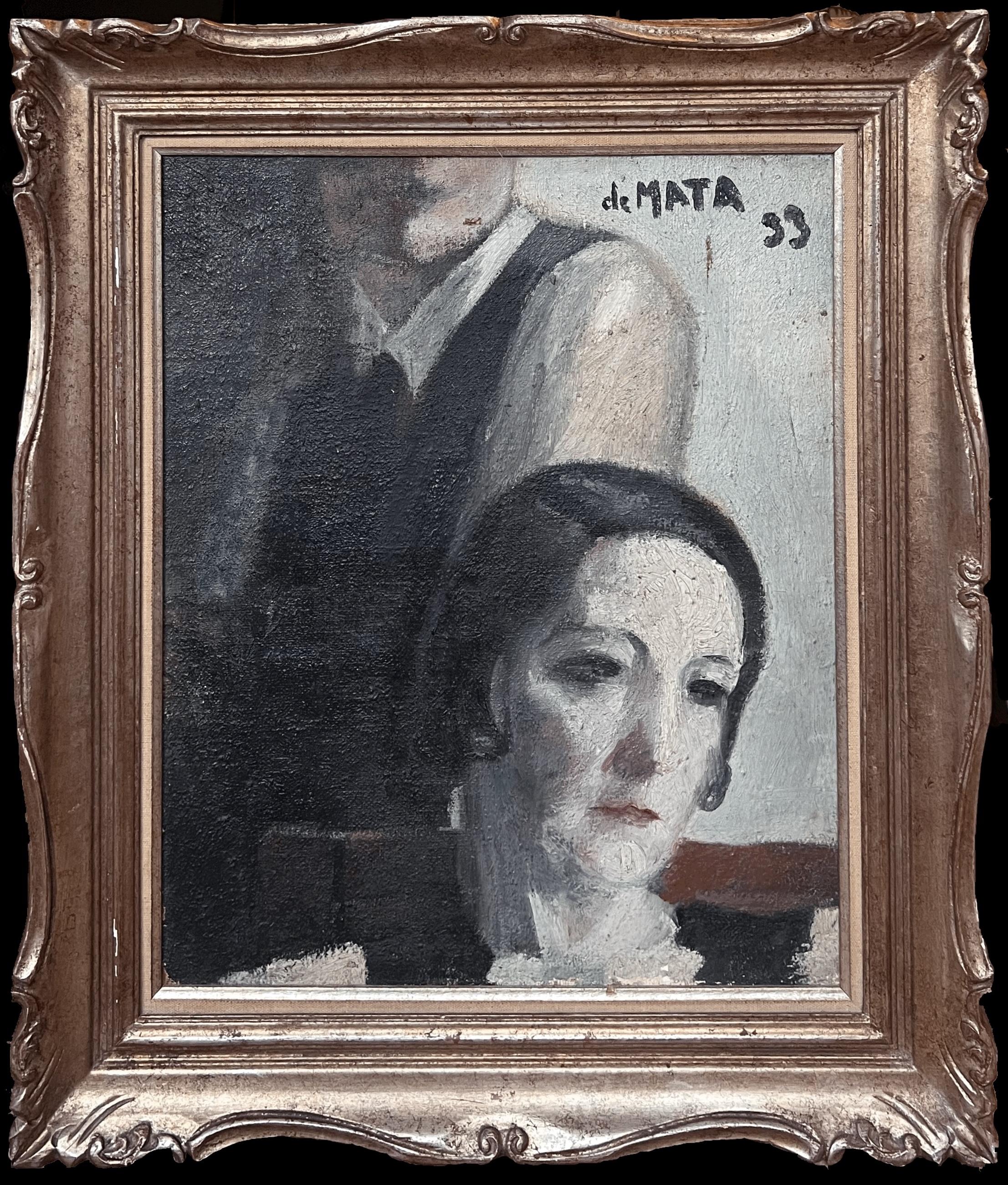 1950's Retrato Atmosférico de Pareja Gris Blanco Negro Firmado - Painting de French School