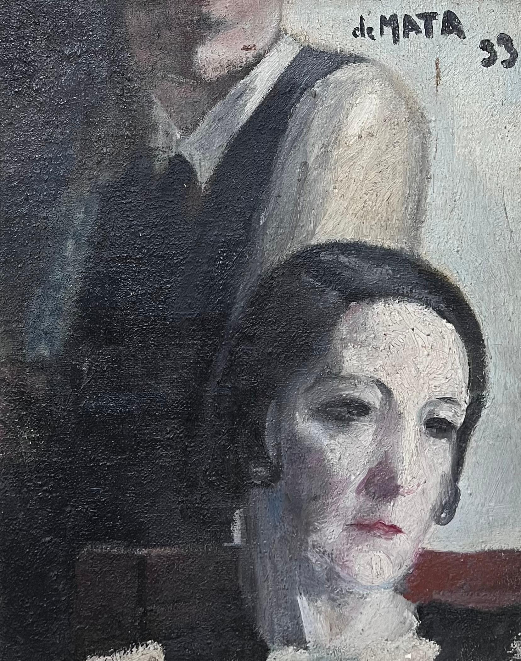 Portrait Painting de French School - 1950's Retrato Atmosférico de Pareja Gris Blanco Negro Firmado