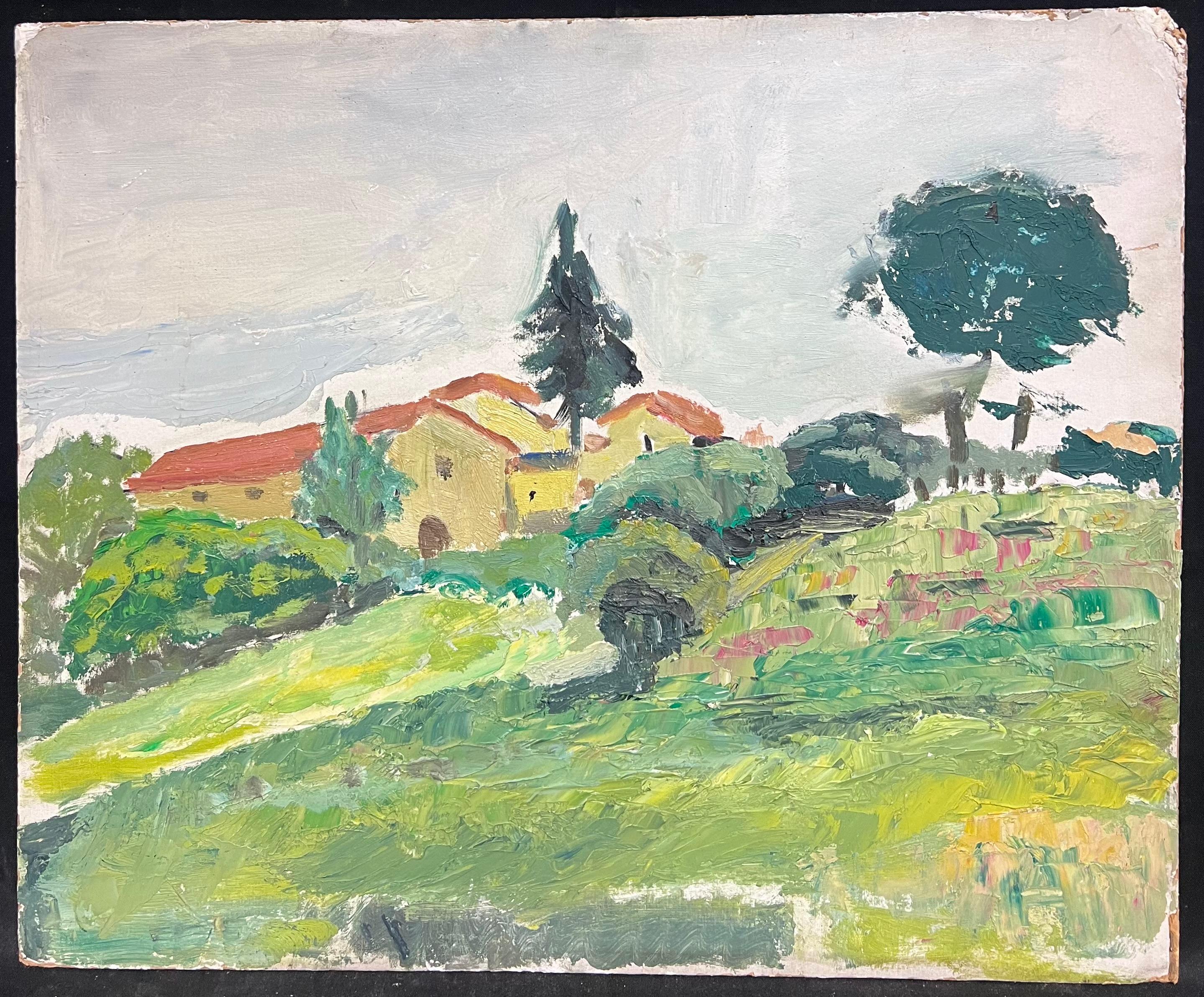 1950's French Post Impressionist Oil Painting Green Landscape Village Houses - Beige Landscape Painting by French School