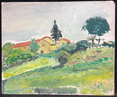 1950's French Post Impressionist Oil Painting Green Landscape Village Houses