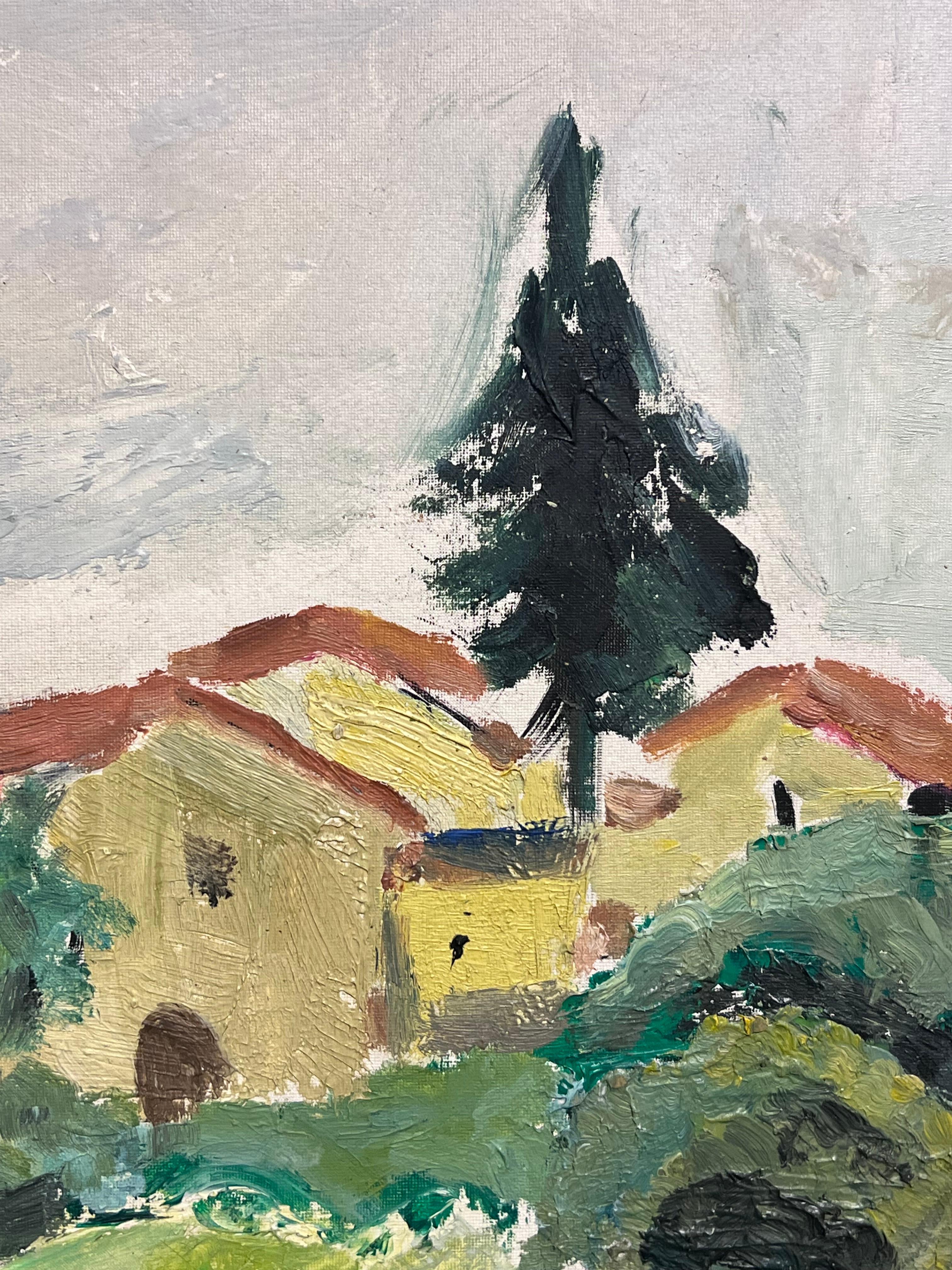 1950's French Post Impressionist Oil Painting Green Landscape Village Houses For Sale 1