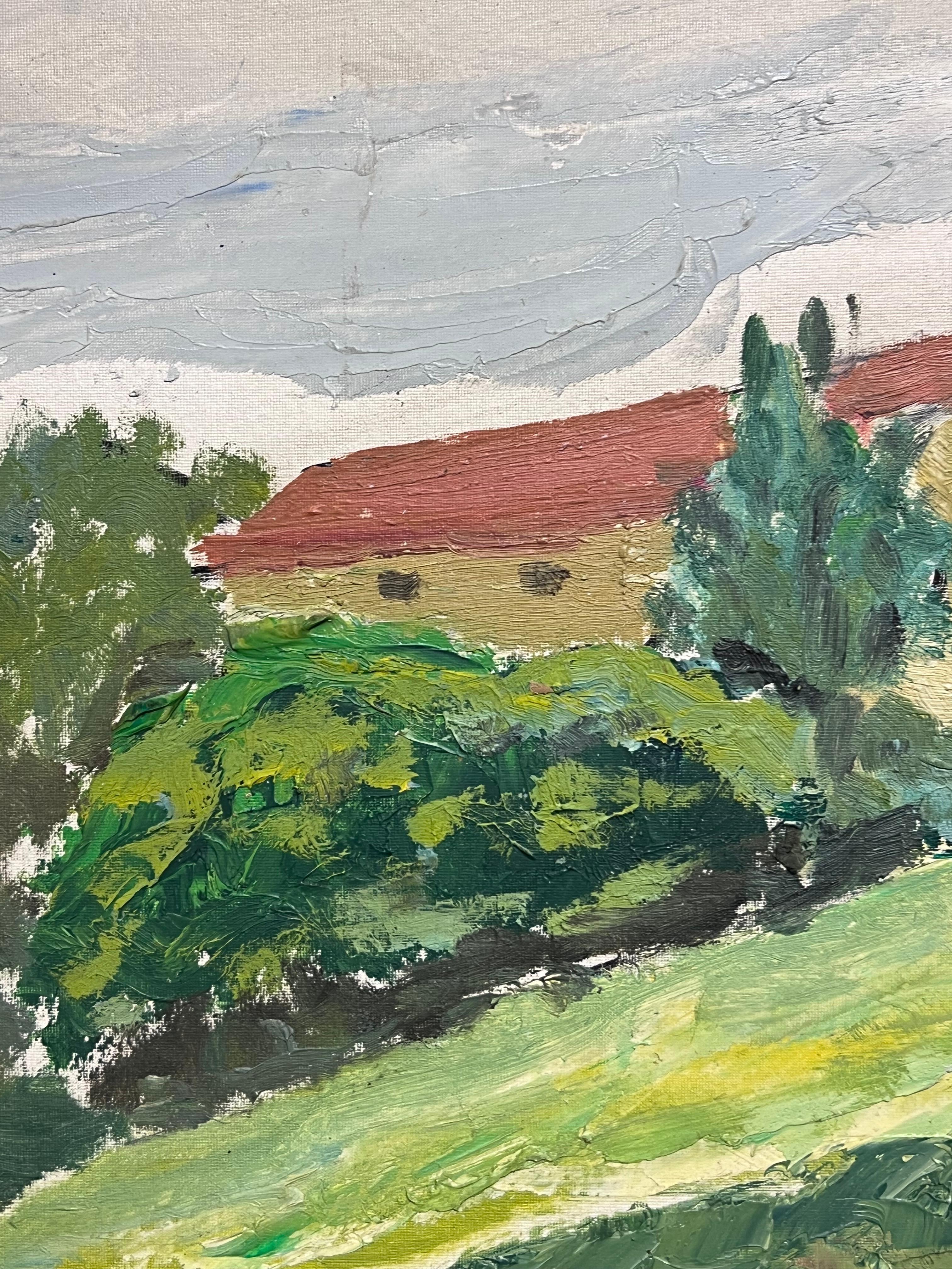 1950's French Post Impressionist Oil Painting Green Landscape Village Houses For Sale 2