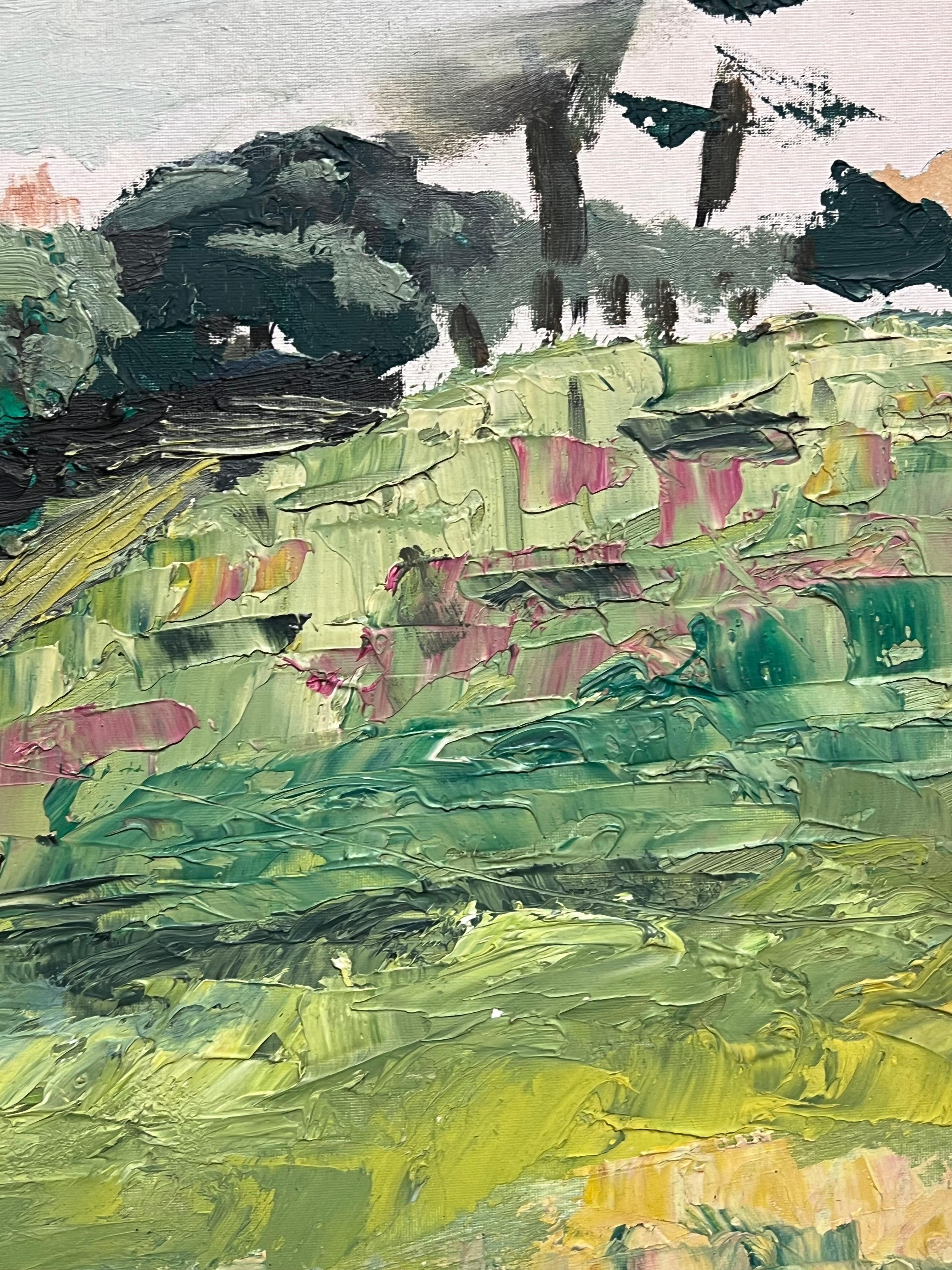 1950's French Post Impressionist Oil Painting Green Landscape Village Houses For Sale 3
